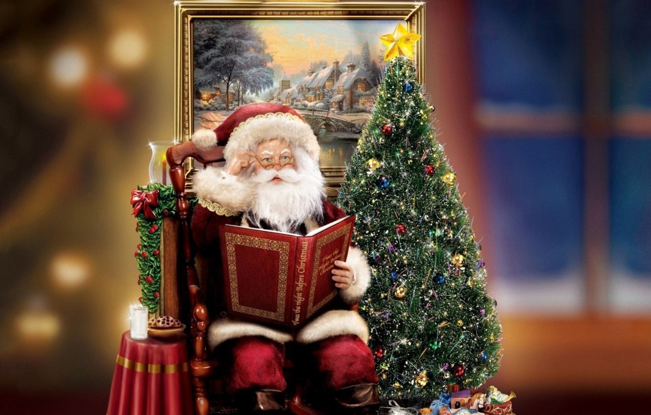 Wallpaper decoration, holiday, gift, tree, candle, picture, Christmas, book, tree, christmas, Santa Claus, figure, Thomas Kinkade, gift, Thomas Kinkade, Christmas image for desktop, section новый год