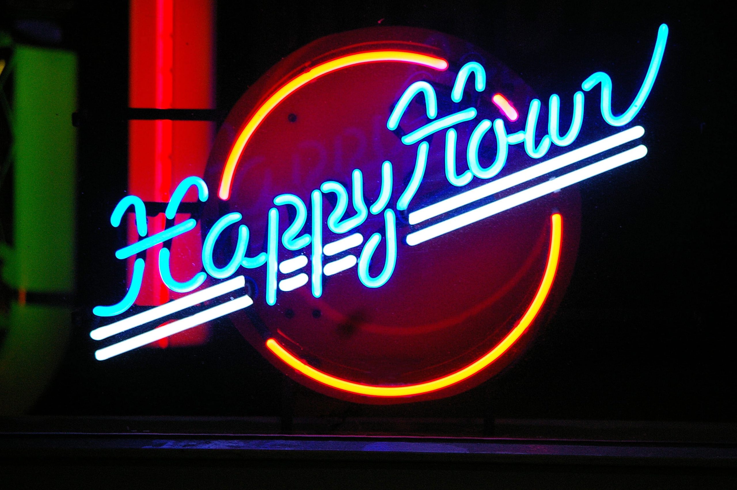 Wallpapers Blue, Yellow, And White Happy Hour Neon Sign * Wallpapers For Yo...