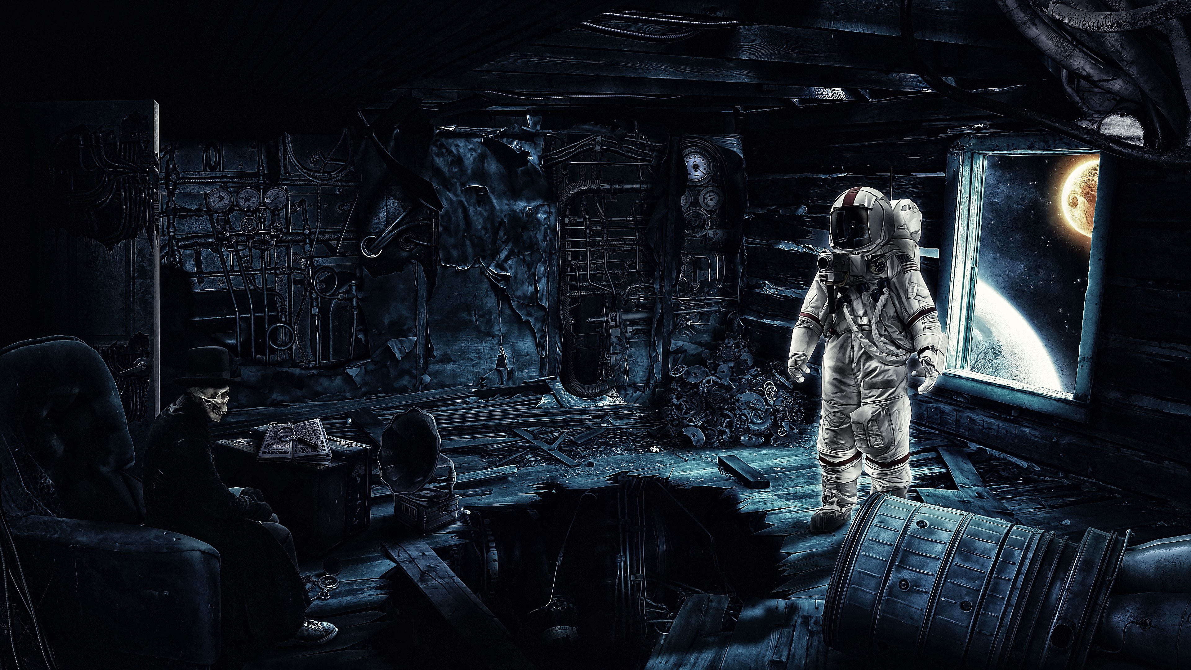 Wallpaper, digital art, planet, space, wooden surface, reflection, hat, futuristic, stars, books, camera, science fiction, gears, astronaut, skull, skeleton, machine, universe, time travel, pipes, midnight, gramophone, darkness, screenshot, computer