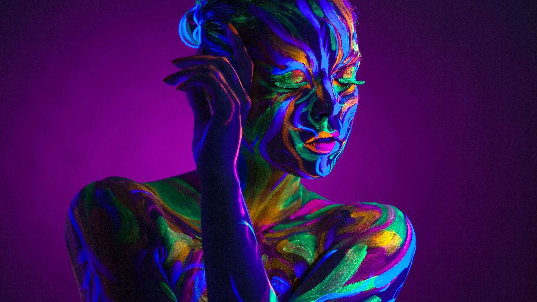 Multicolored body paint wallpaper, women, neon, purple background, colorful • Wallpaper For You HD Wallpaper For Desktop & Mobile