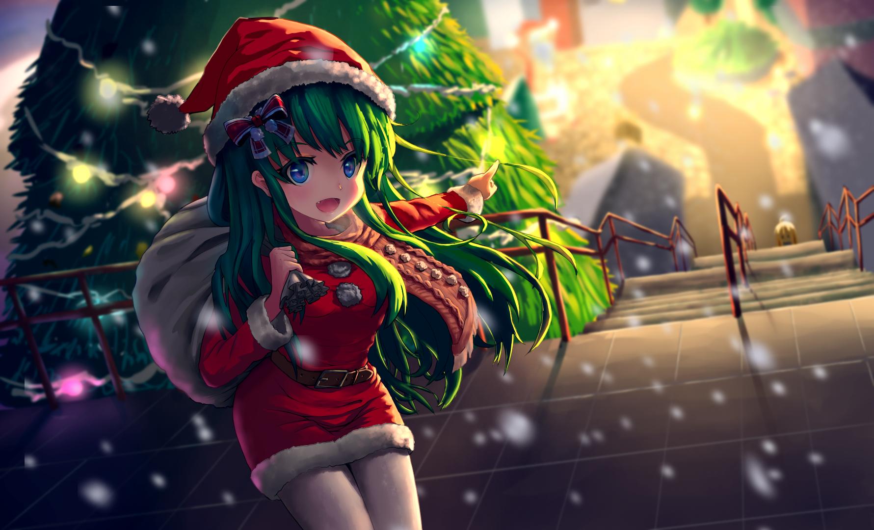 #Santa hats, #panty hose, #green hair, #Santa costume, #anime, # Christmas, #hair ornament, #Christmas Tree, wallpaper HD Wallpaper