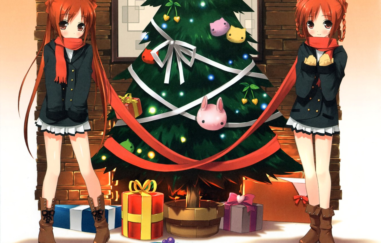 Wallpaper Girls, New Year, Rabbits, Anime, Tree, Scarf, Gifts, Red, Twins, Bows image for desktop, section прочее
