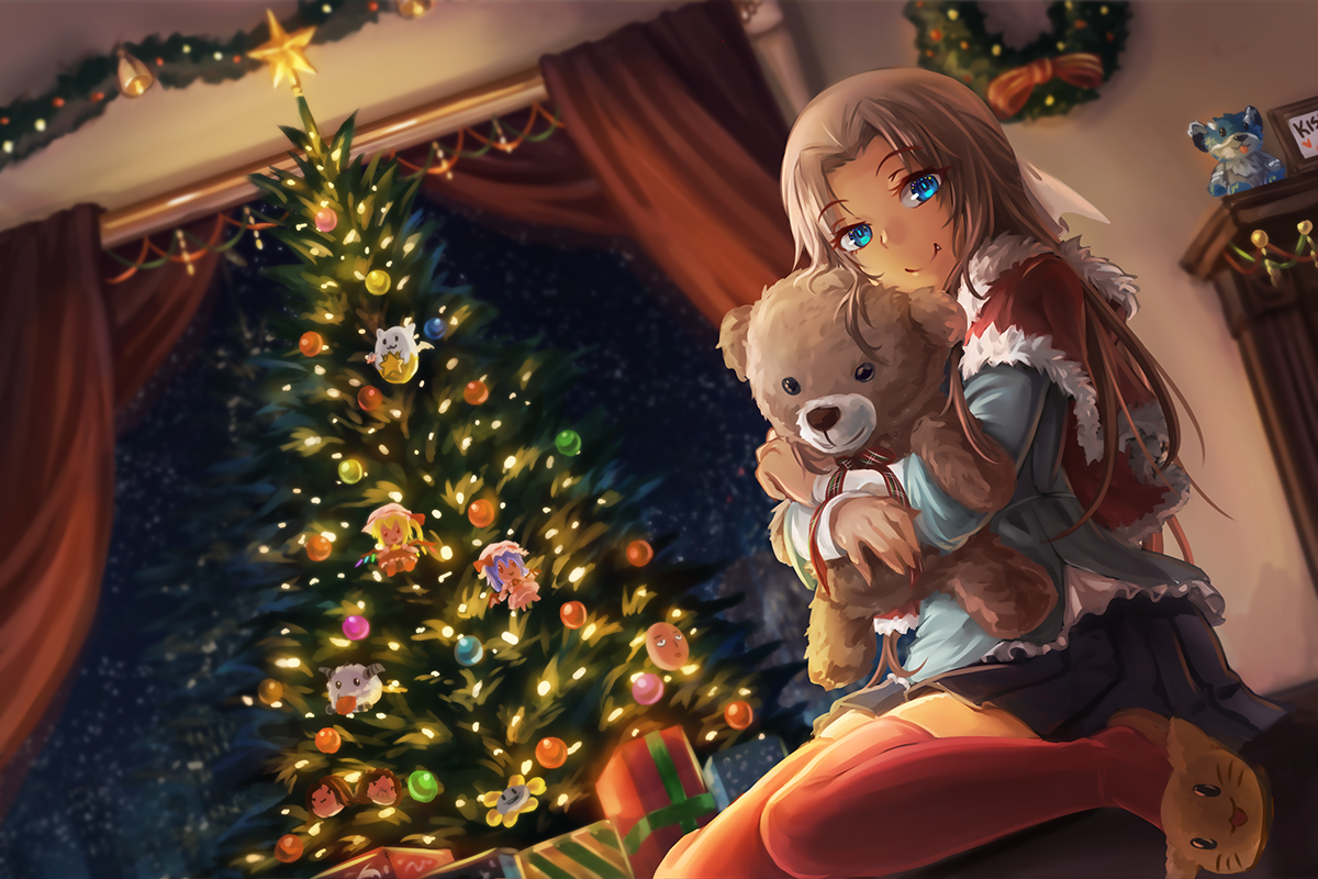 Wallpaper, anime girls, thigh highs, fan art, Christmas Tree, Toy 1200x800