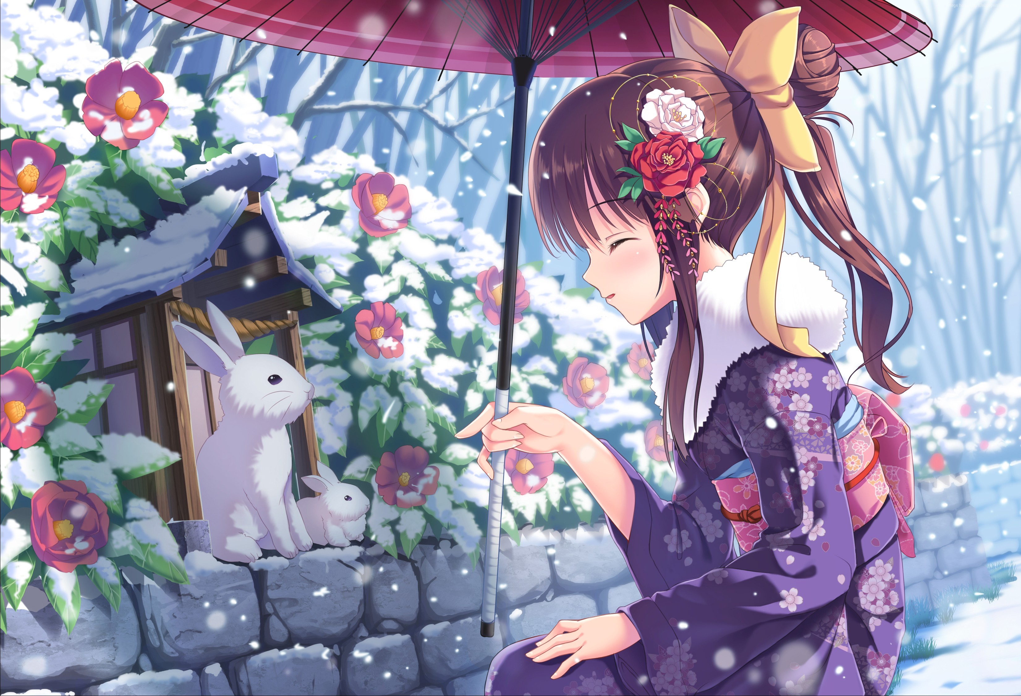 #winter, #beauty, #anime, #rabbits, K, #snow, #girl HD Wallpaper