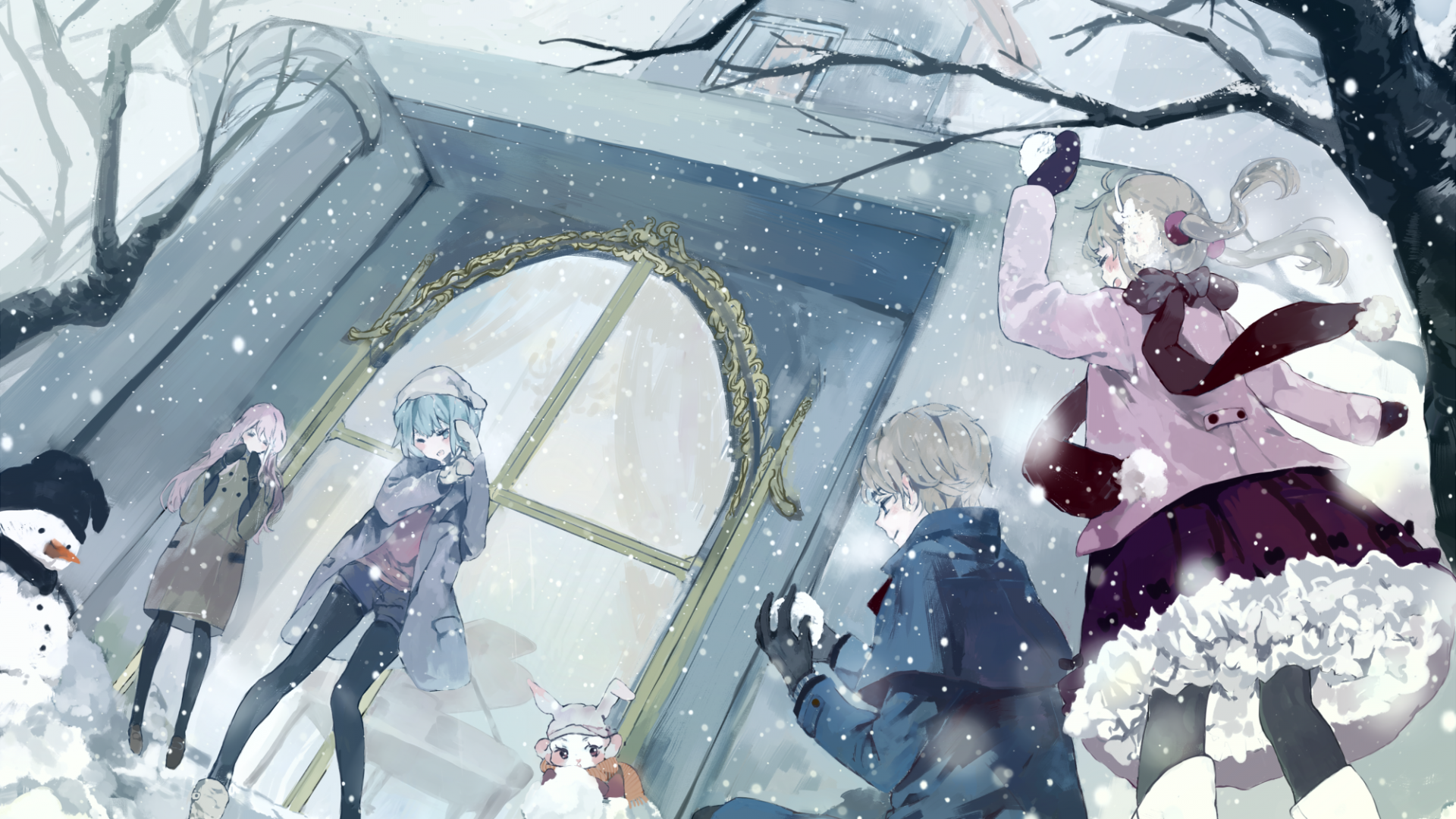 Download 1920x1080 Anime Winter, Snow, Tree, Snowball, Snowman Wallpaper for Widescreen