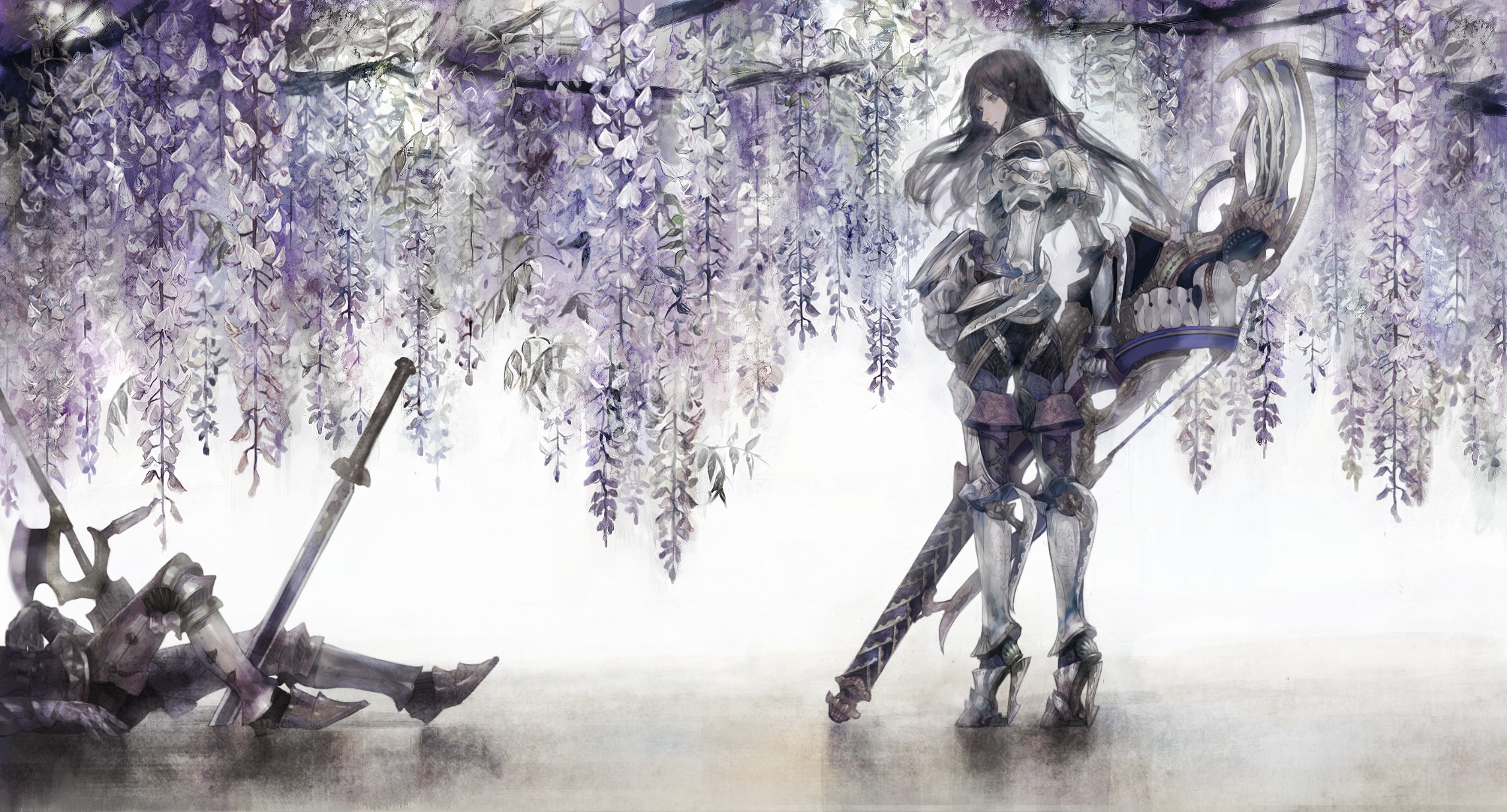 Wallpaper, drawing, fantasy art, anime girls, winter, sword, warrior, mythology, sketch, screenshot 2283x1231