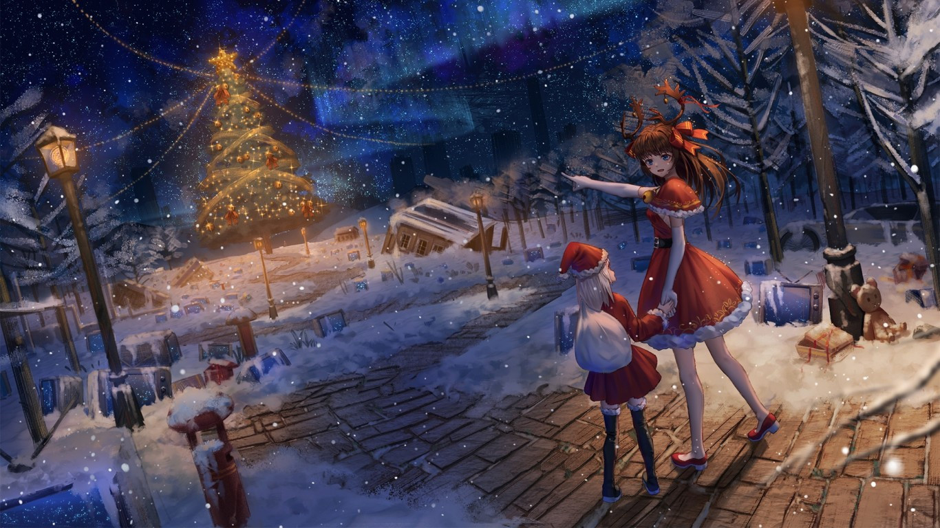 Download 1366x768 Anime Christmas Santa Clothes, Tree, Snow, Scenic Wallpaper for Laptop, Notebook