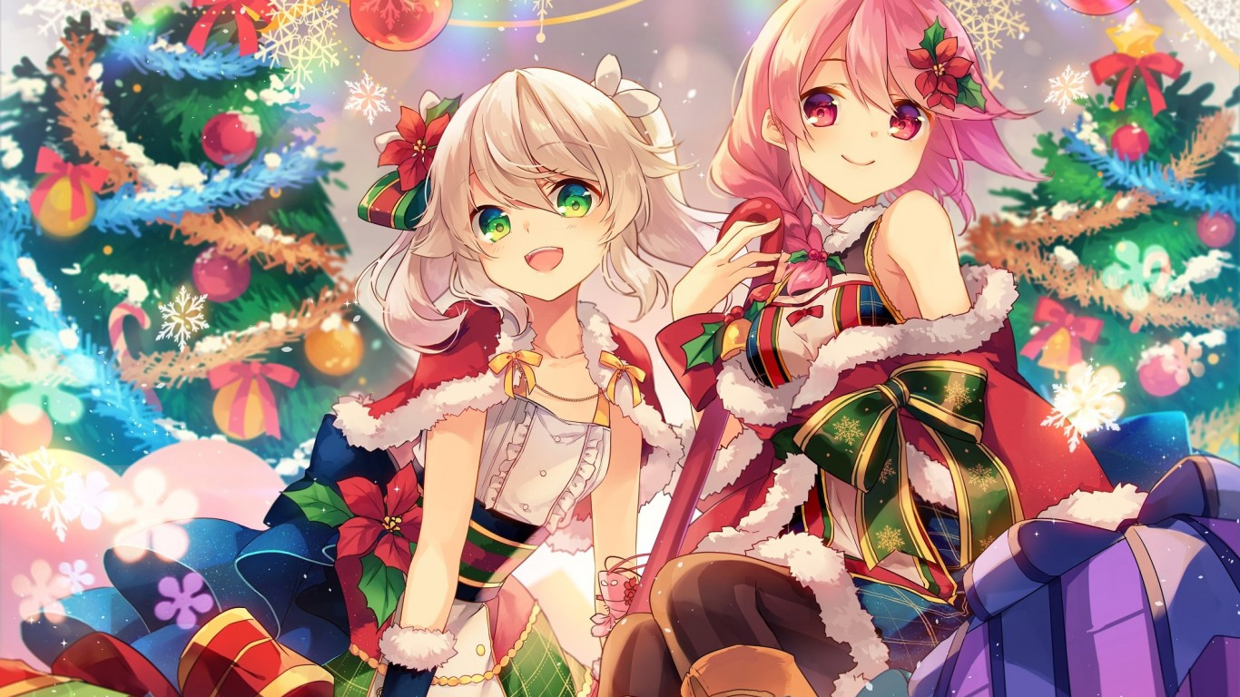 Download 1366x768 Anime Girls, Christmas, Smiling, Short Hair, Gifts Wallpaper for Laptop, Notebook