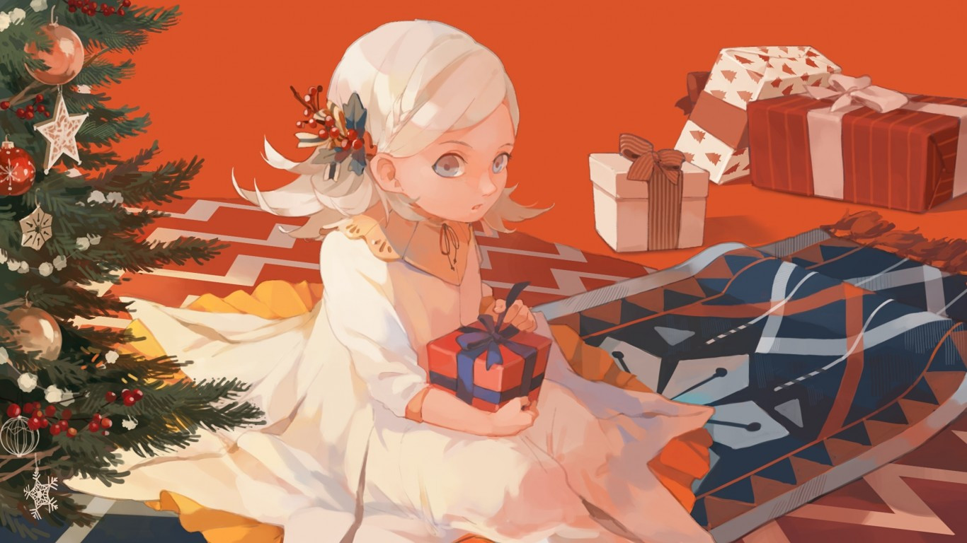 Download 1366x768 Christmas, Santa, Anime Girl, White Hair Wallpaper for Laptop, Notebook