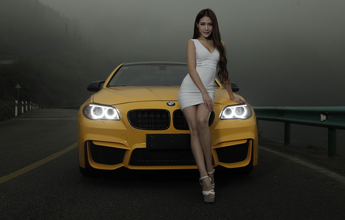 Wallpaper look, Girls, BMW, Asian, beautiful girl, yellow car image for desktop, section девушки