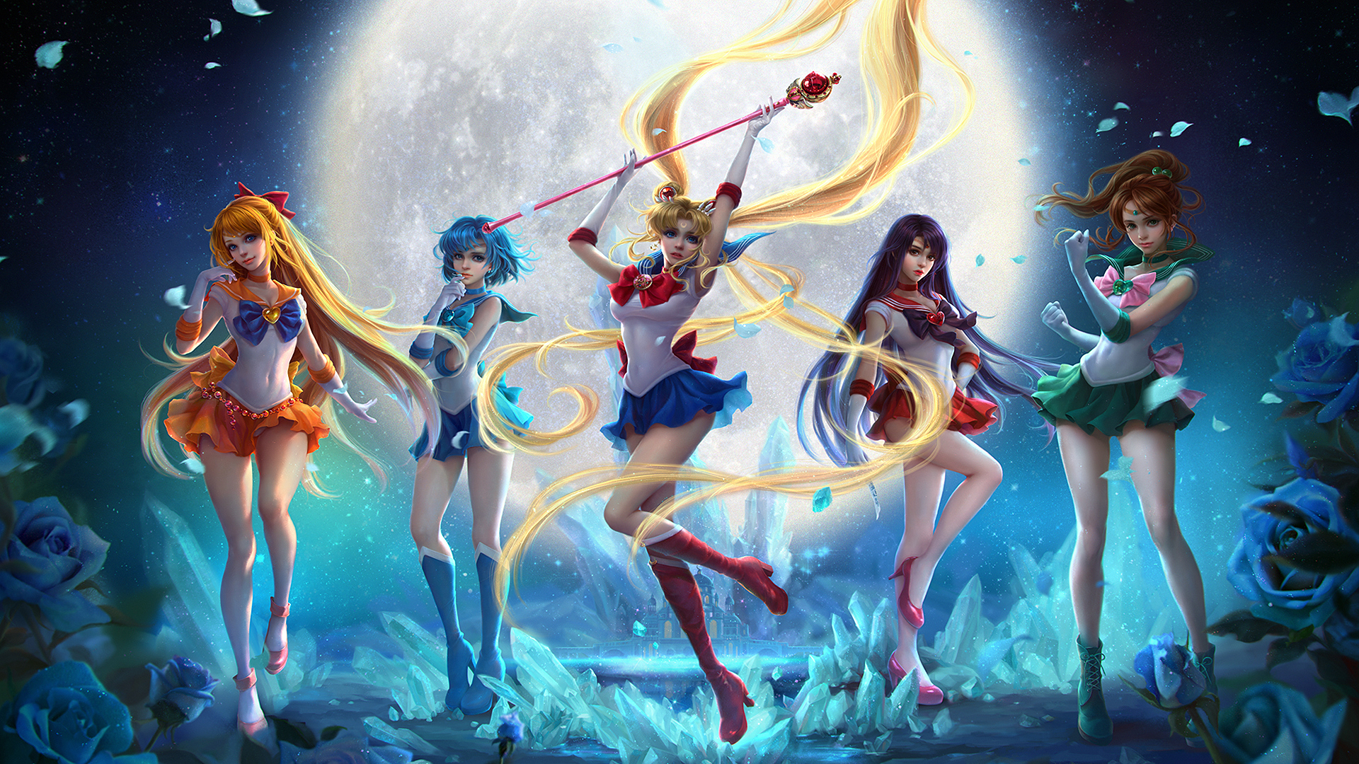 Wallpaper, anime girls, Sailor Moon, Usagi Tsukino, Sailor Mars, Rei Hino, Sailor Mercury, Ami Mizuno, Sailor Venus, Minako Aino, Sailor Jupiter, Makoto Kino, skirt, blonde, blue hair, brunette 1920x1080