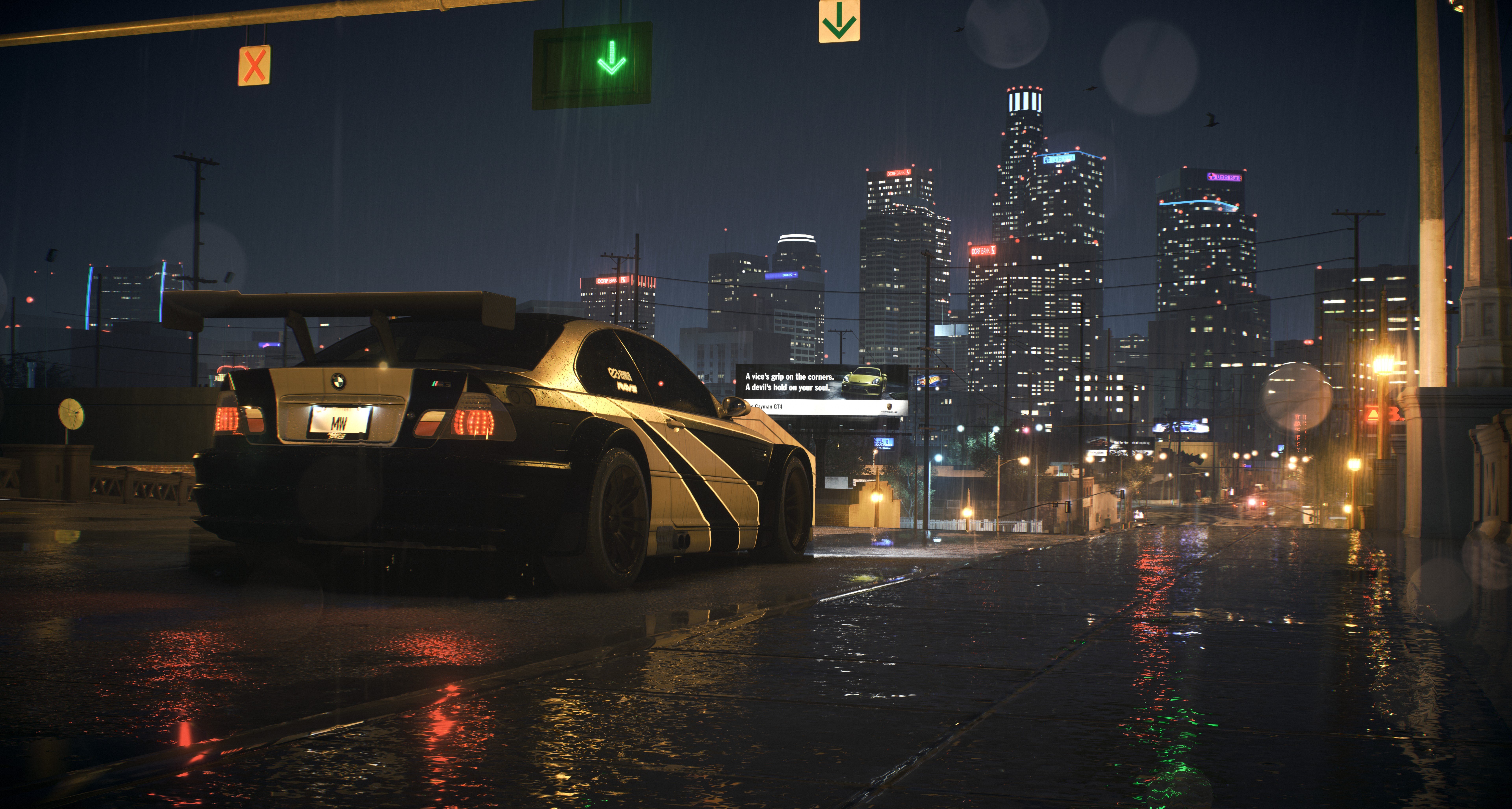 Wallpaper, BMW M3 GTR, Need for Speed, car, city, night, rain 7680x4108
