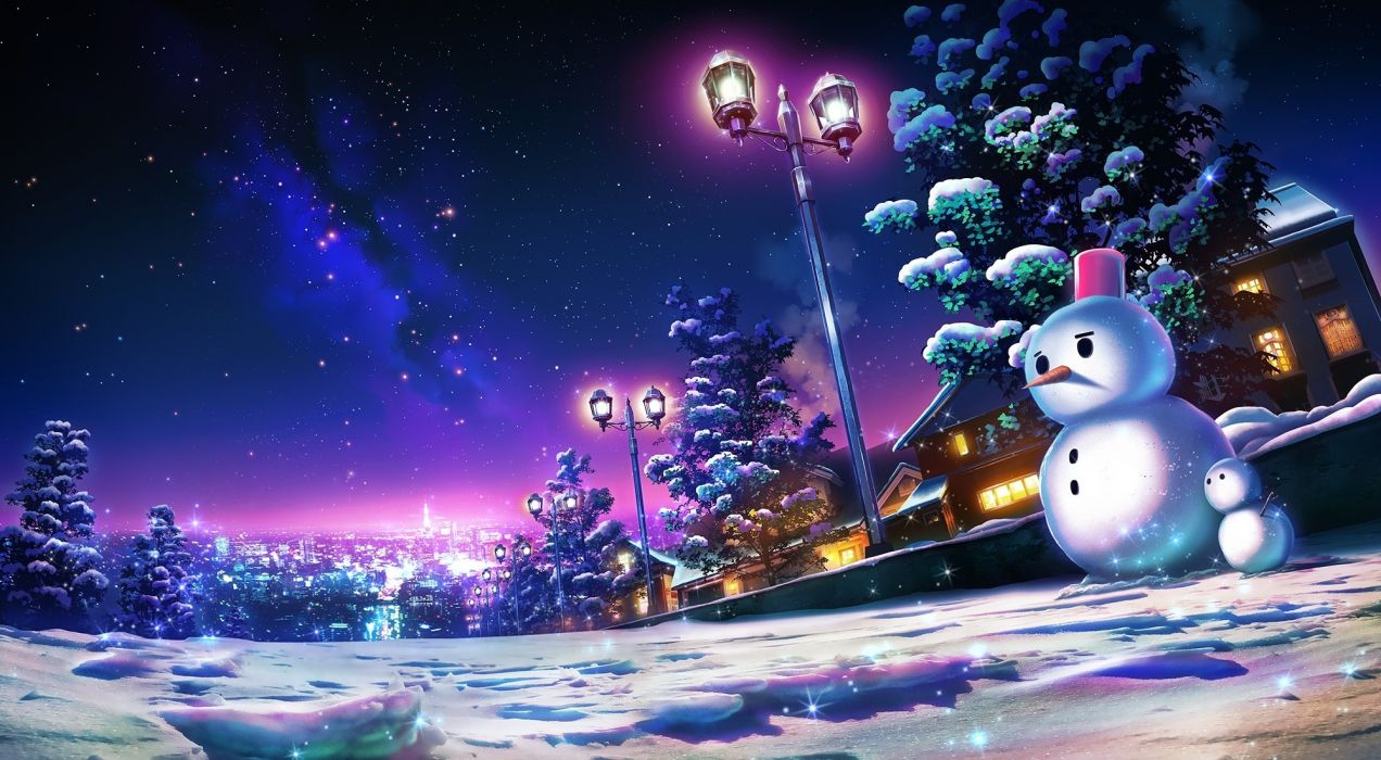 Anime landscape snowman cityscape night scenic houses wallpaperx1101