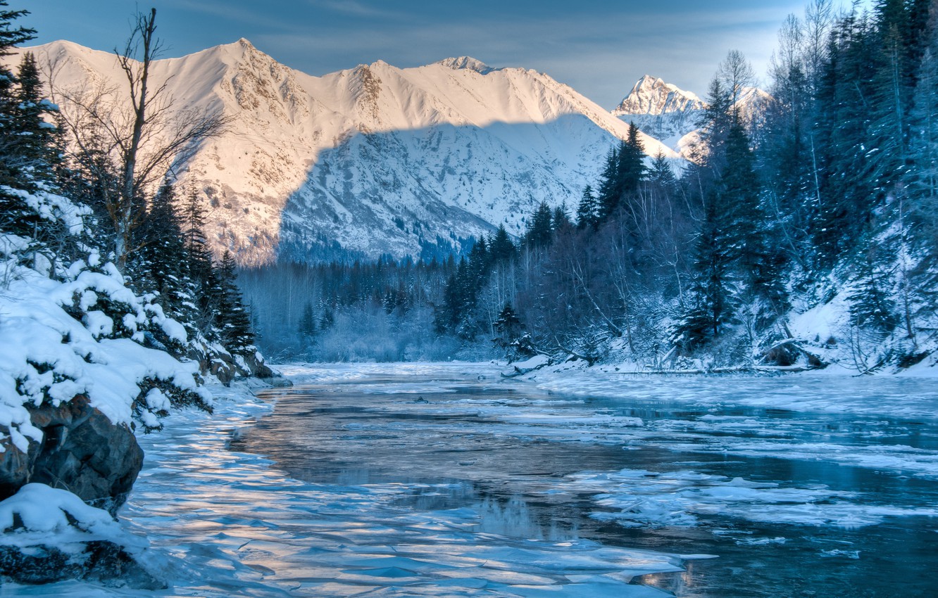 Wallpaper winter, forest, landscape, mountains, nature, river, Alaska image for desktop, section природа