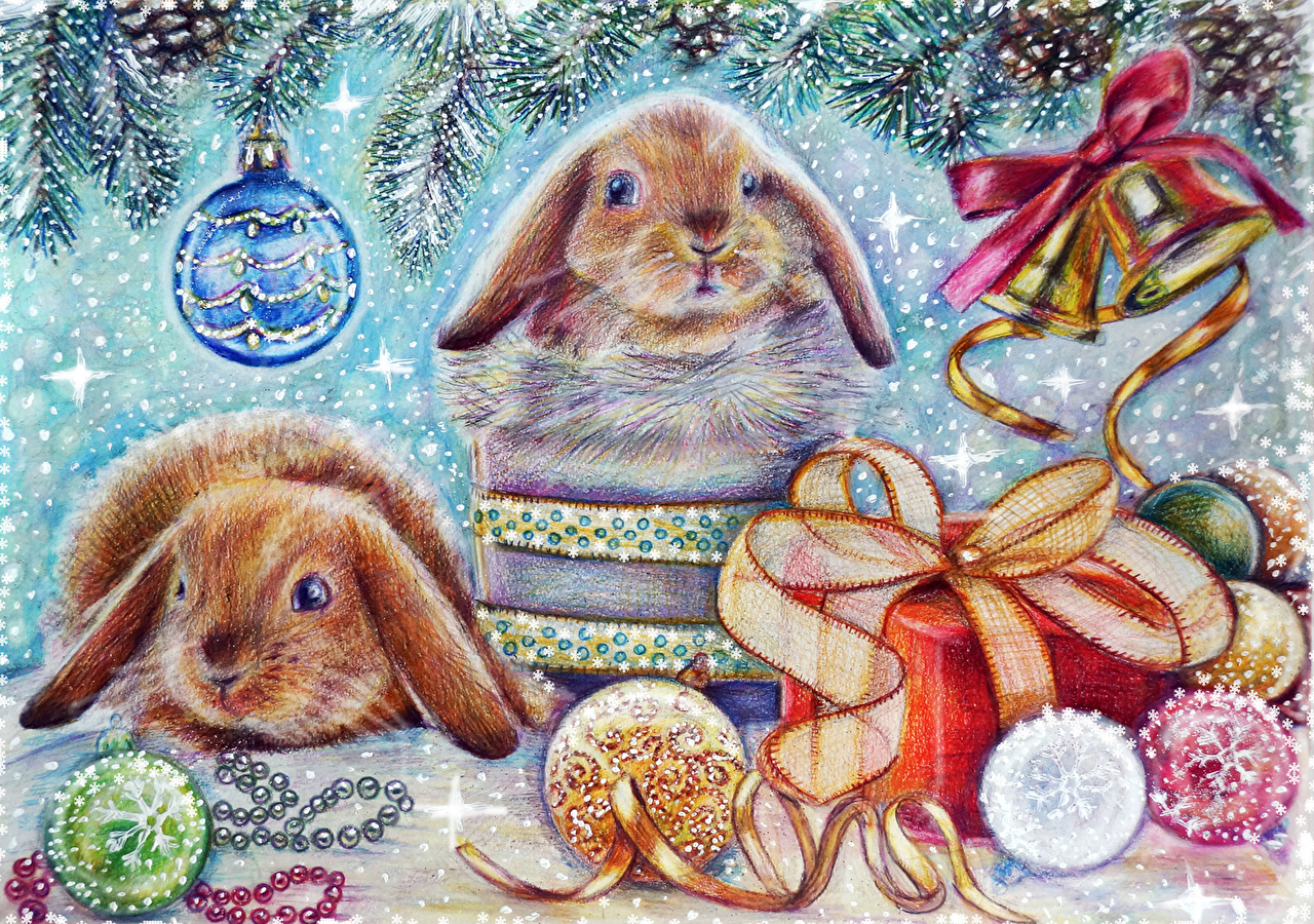 Photos rabbit Christmas 2 toy Animals Painting Art