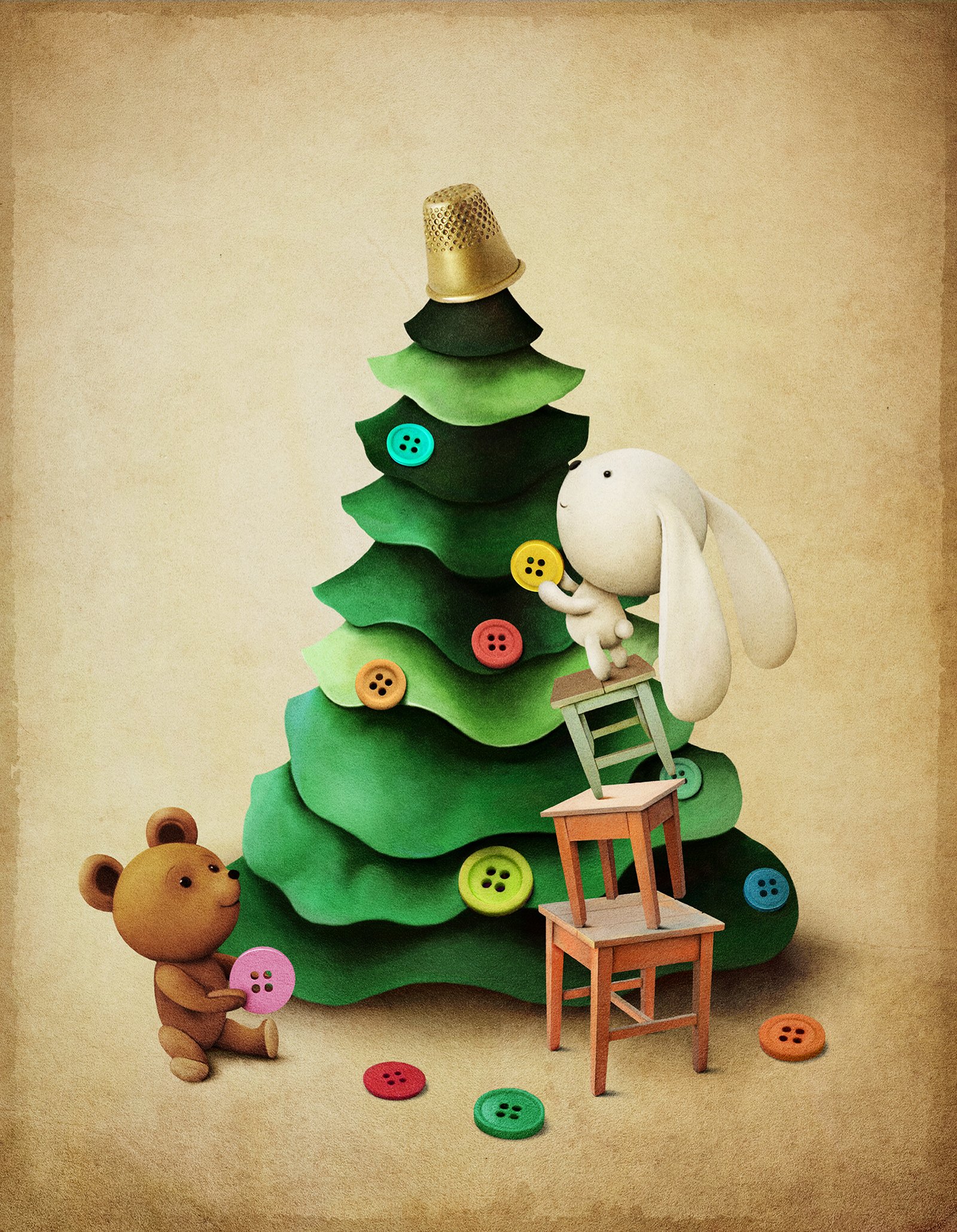 Little bear bunny decorating christmas tree 54628 illustration wallpaper