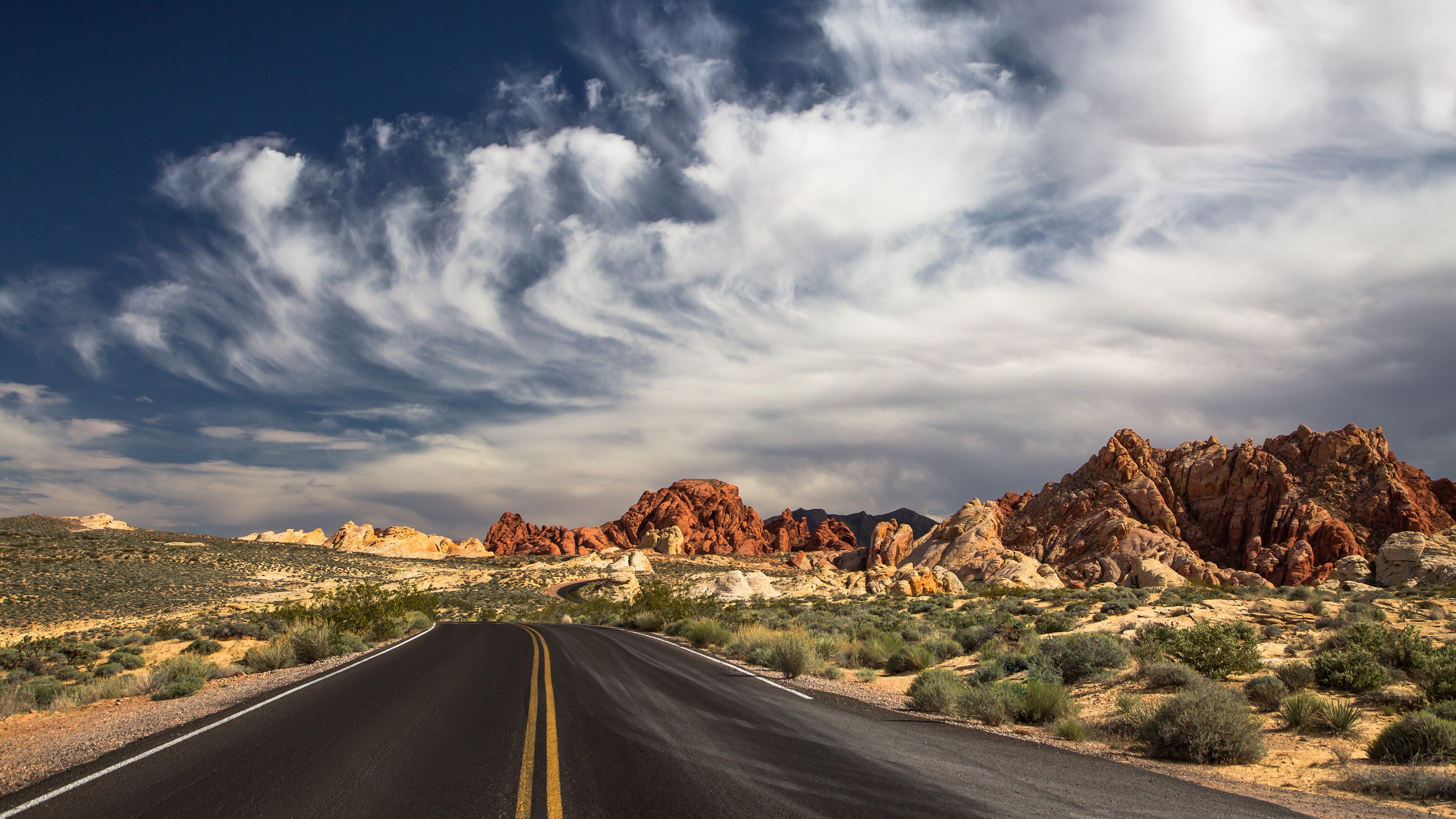 Wallpapers ID: 38550 / Las Vegas, 4k, HD wallpaper, 4K, the Valley of Fire State Park, road, clouds, mountain, valley, day, sky