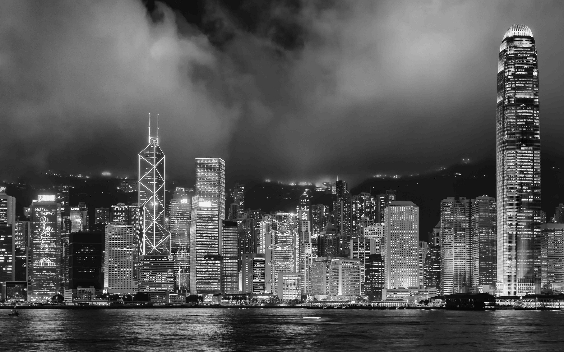 Wallpapers : 1920x1200 px, black, buildings, bw, hong, kong, monochrome, night, skyscrapers, white 1920x1200