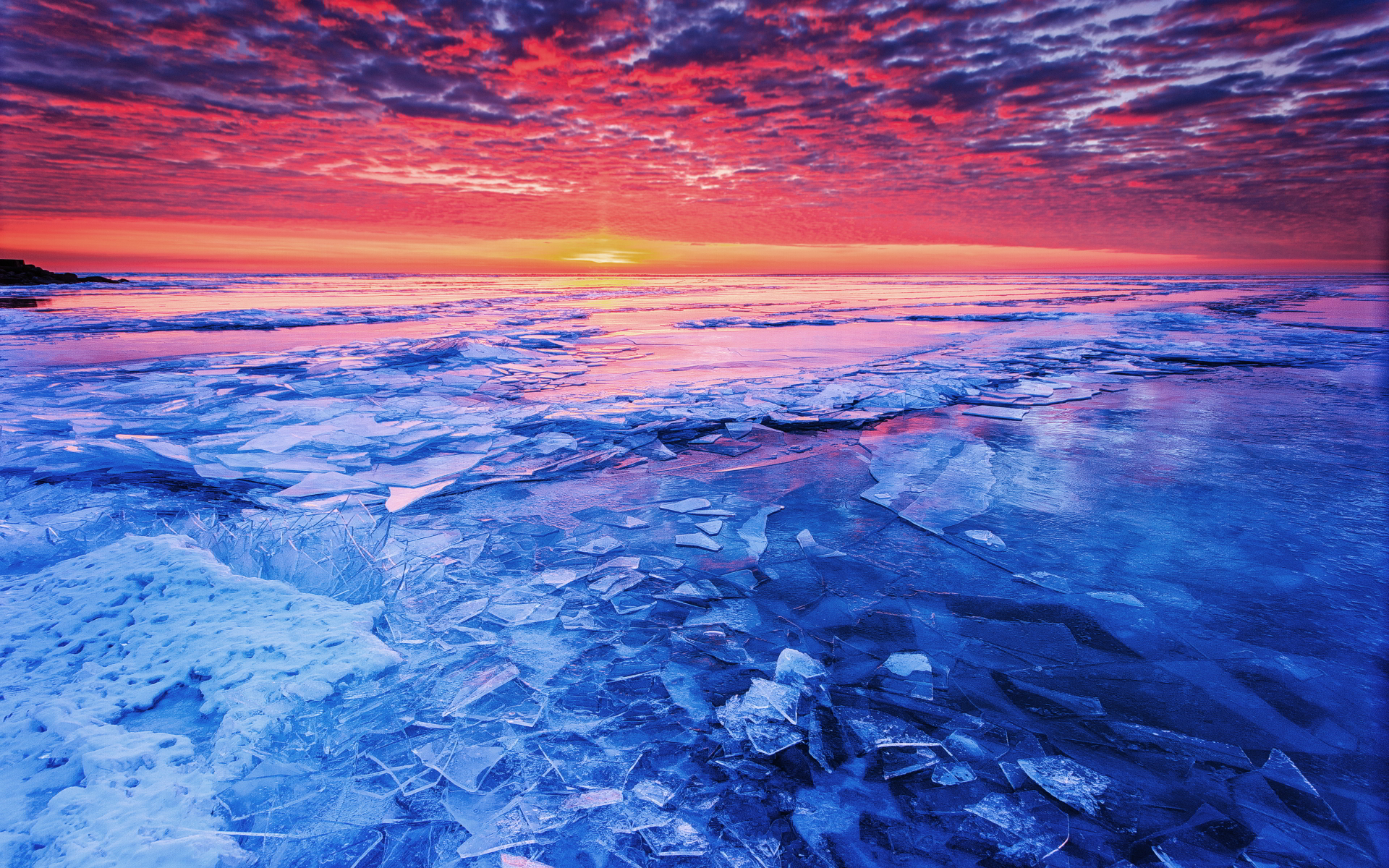 Blue Frozen Lake & Red Sunset wallpapers