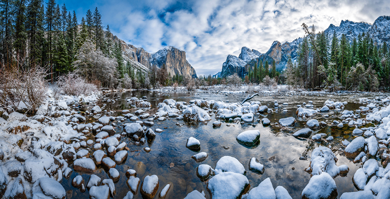 Image Yosemite USA Nature Winter mountain park Snow Scenery Stones