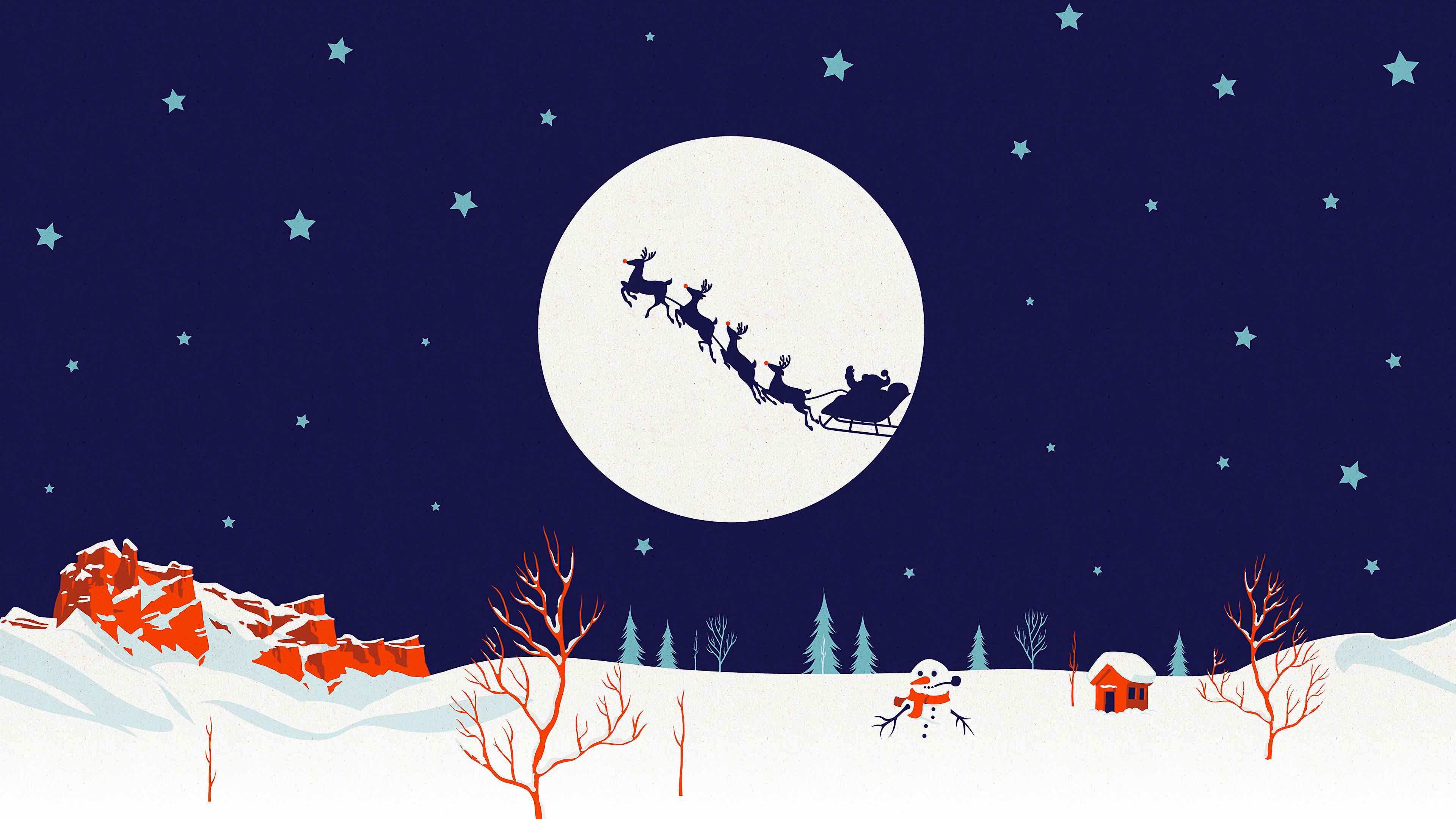 Santa Claus Christmas Reindeer Sleigh Flying Minimalist 4K