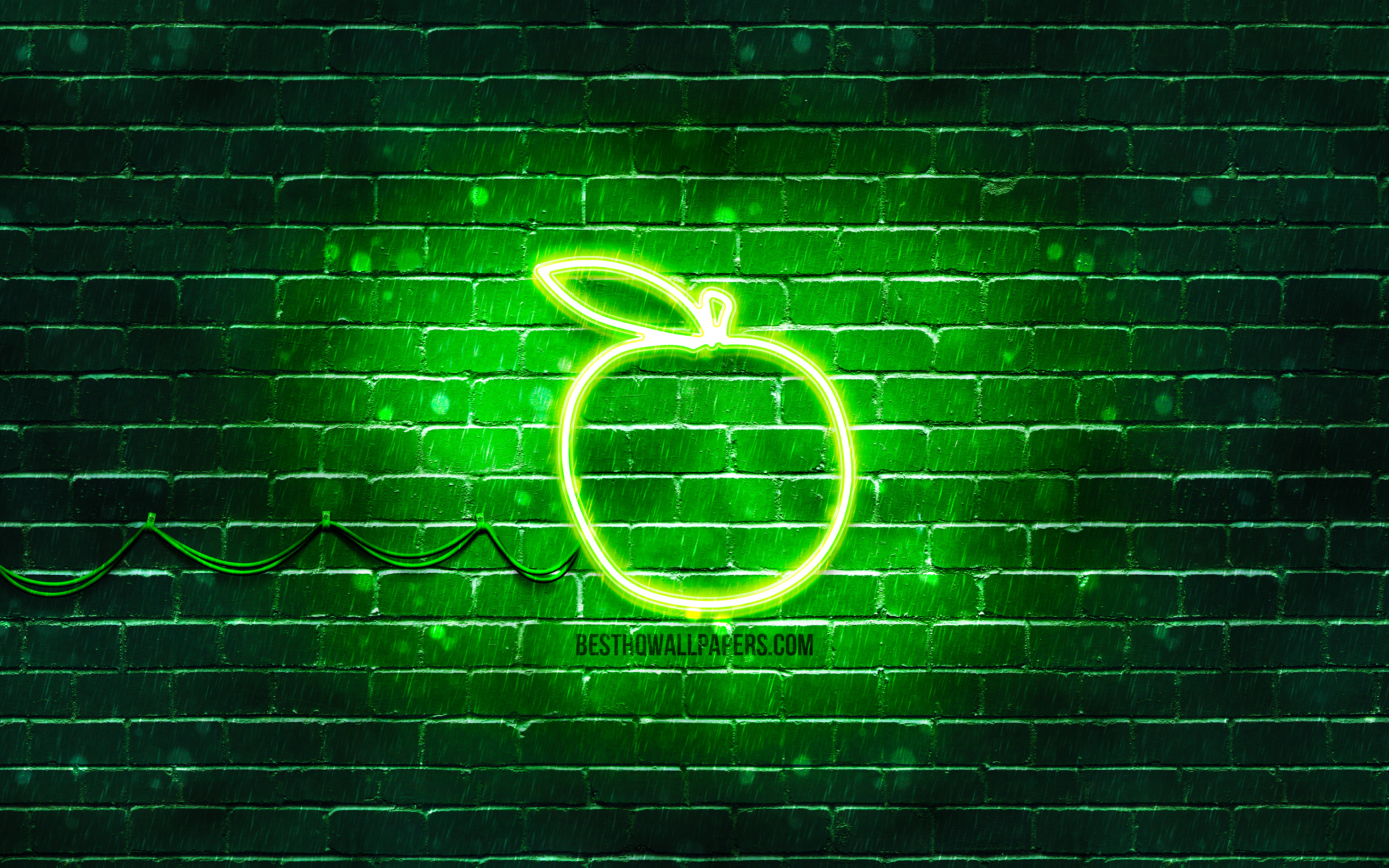 Download wallpapers Green Apple neon icon, 4k, green background, neon symbols, Green Apple, creative, neon icons, Apple sign, food signs, Apple icon, food icons for desktop with resolution 3840x2400. High Quality HD