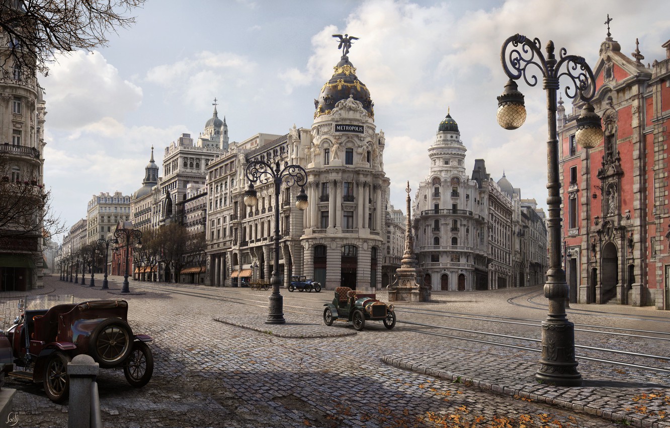 Wallpapers autumn, the city, street, art, Jordi Gonzalez Escamilla, Gran via 1900 image for desktop, section рендеринг