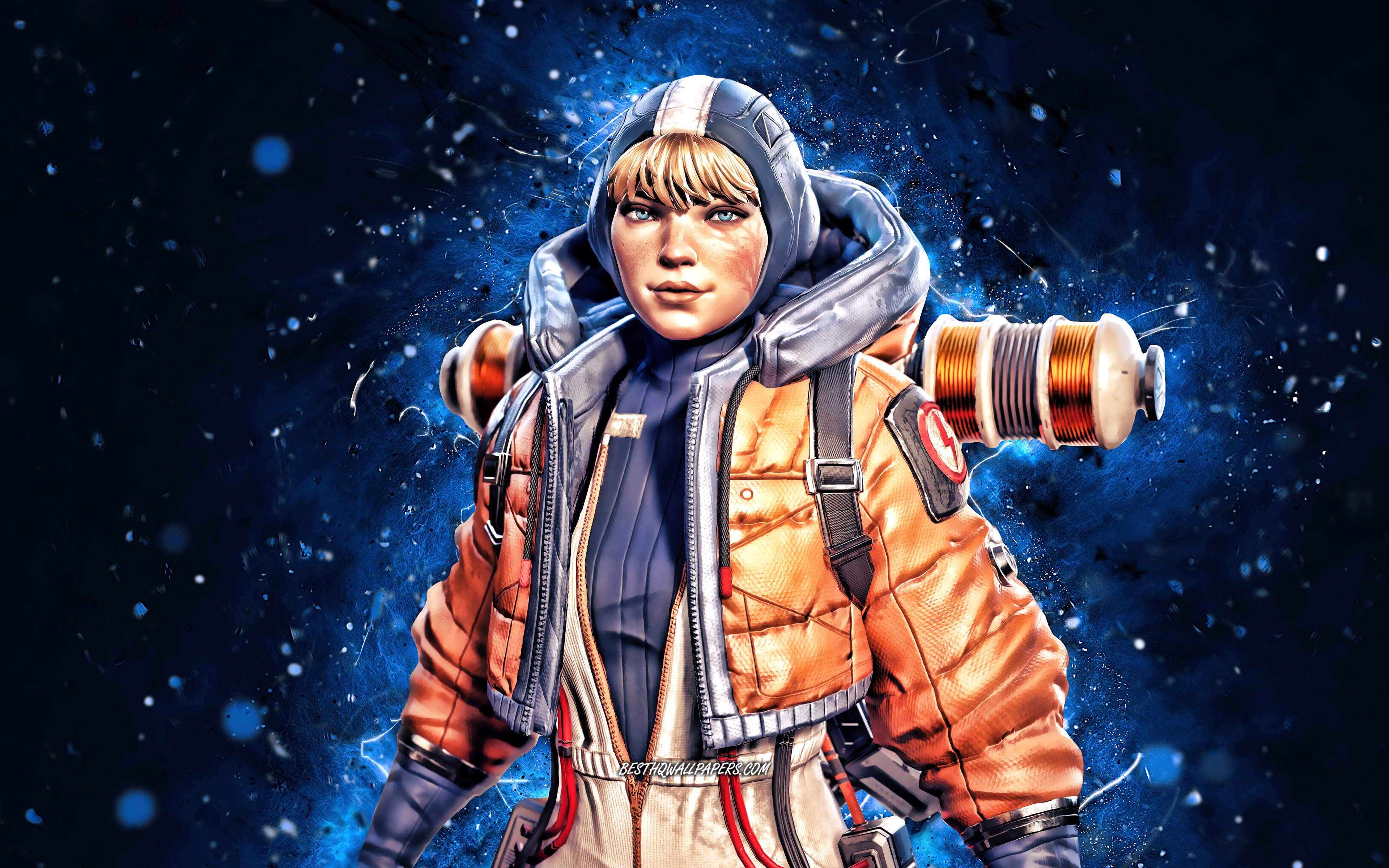 Download wallpaper Wattson, 4k, blue neon lights, Apex Legends, Static Defender, Apex Legends characters, Wattson Skin, Wattson Apex Legends for desktop with resolution 3840x2400. High Quality HD picture wallpaper