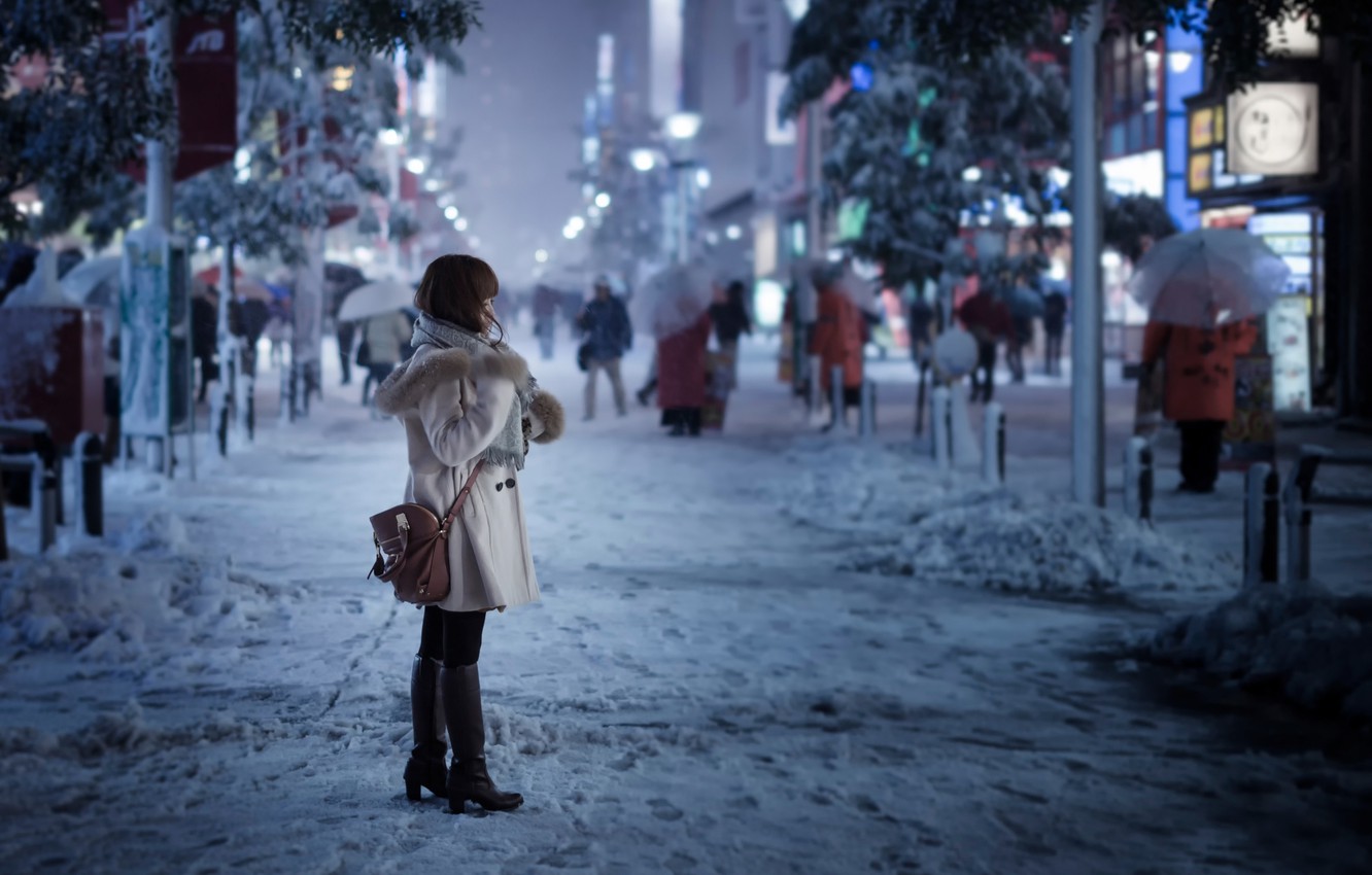 Wallpaper girl, snow, the city, street, Tokyo, Snowy day image for desktop, section город