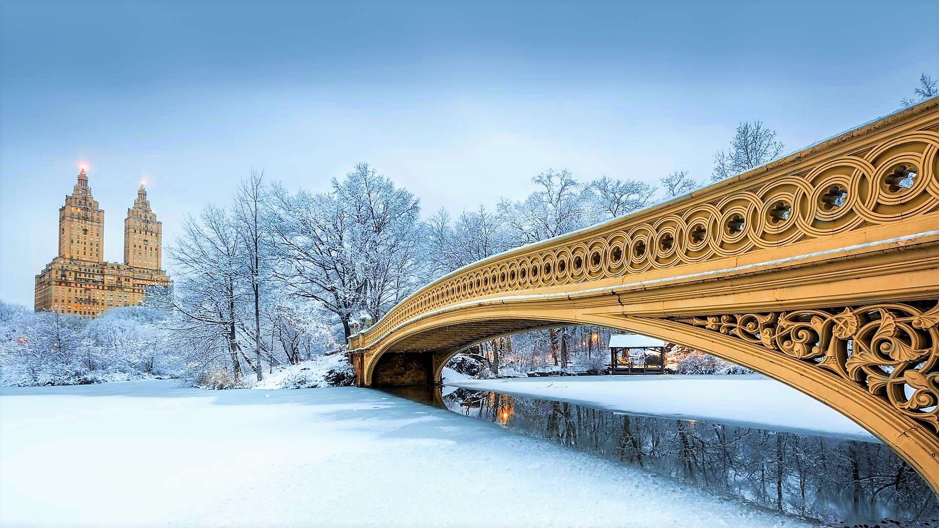 Central Park, New York, Winter, Snow, Bridge