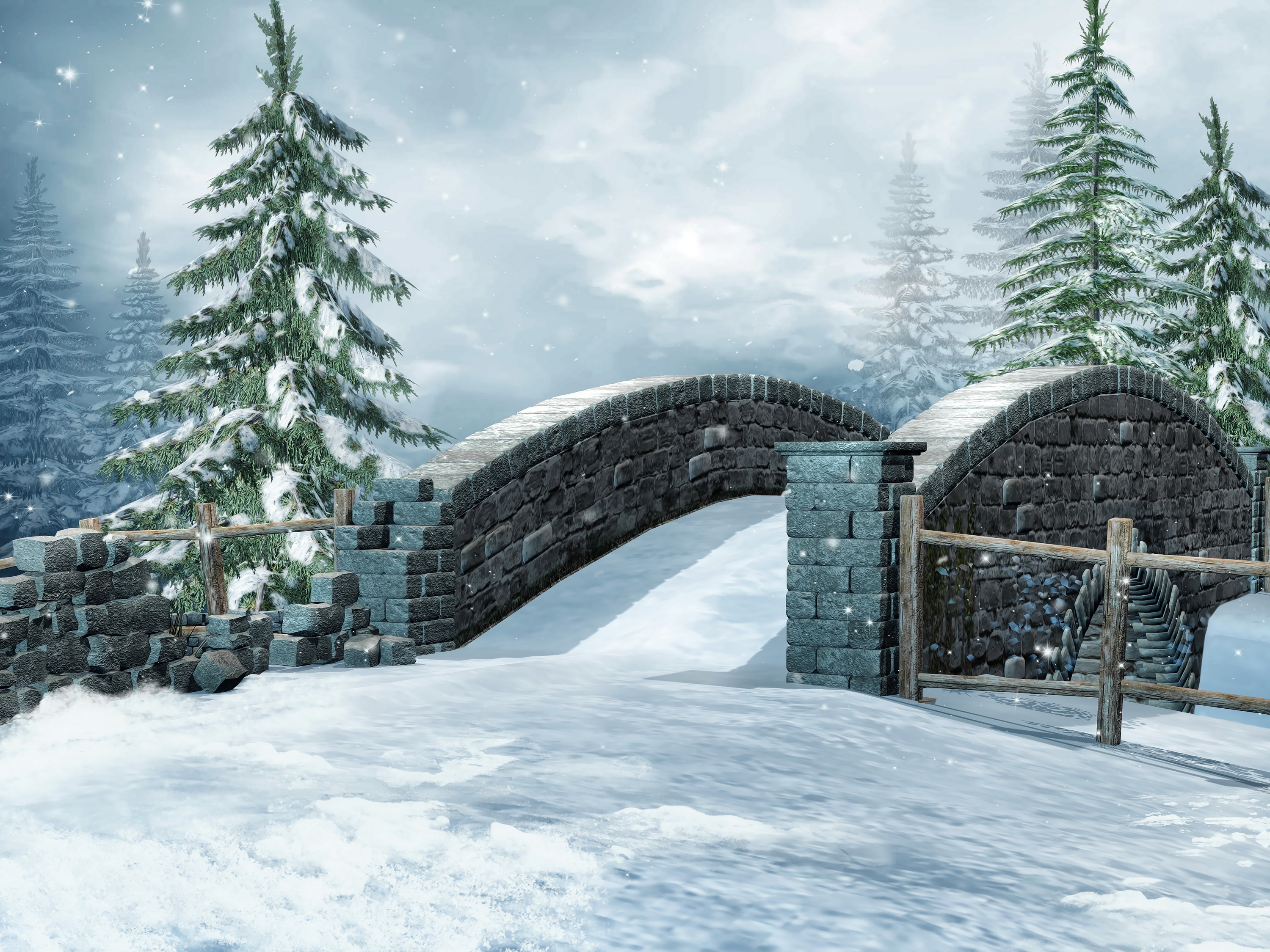 seasons, Winter, Bridge, Fir, Snow, Nature, 3D, Graphics Wallpaper HD / Desktop and Mobile Background