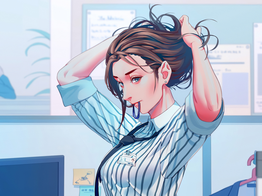 Desktop wallpapers office, anime girl, adjusting hairs, art, hd image, picture, background, 962e9e