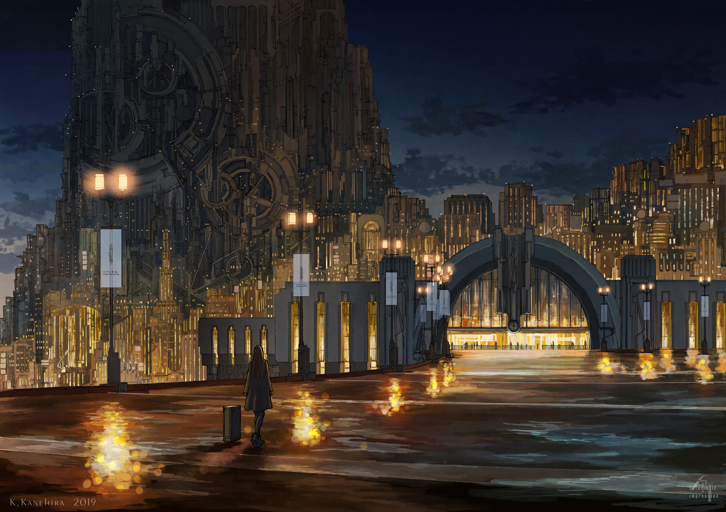 Wallpaper Steampunk City, Fantasy Girl, Night, Lights:2447x1728