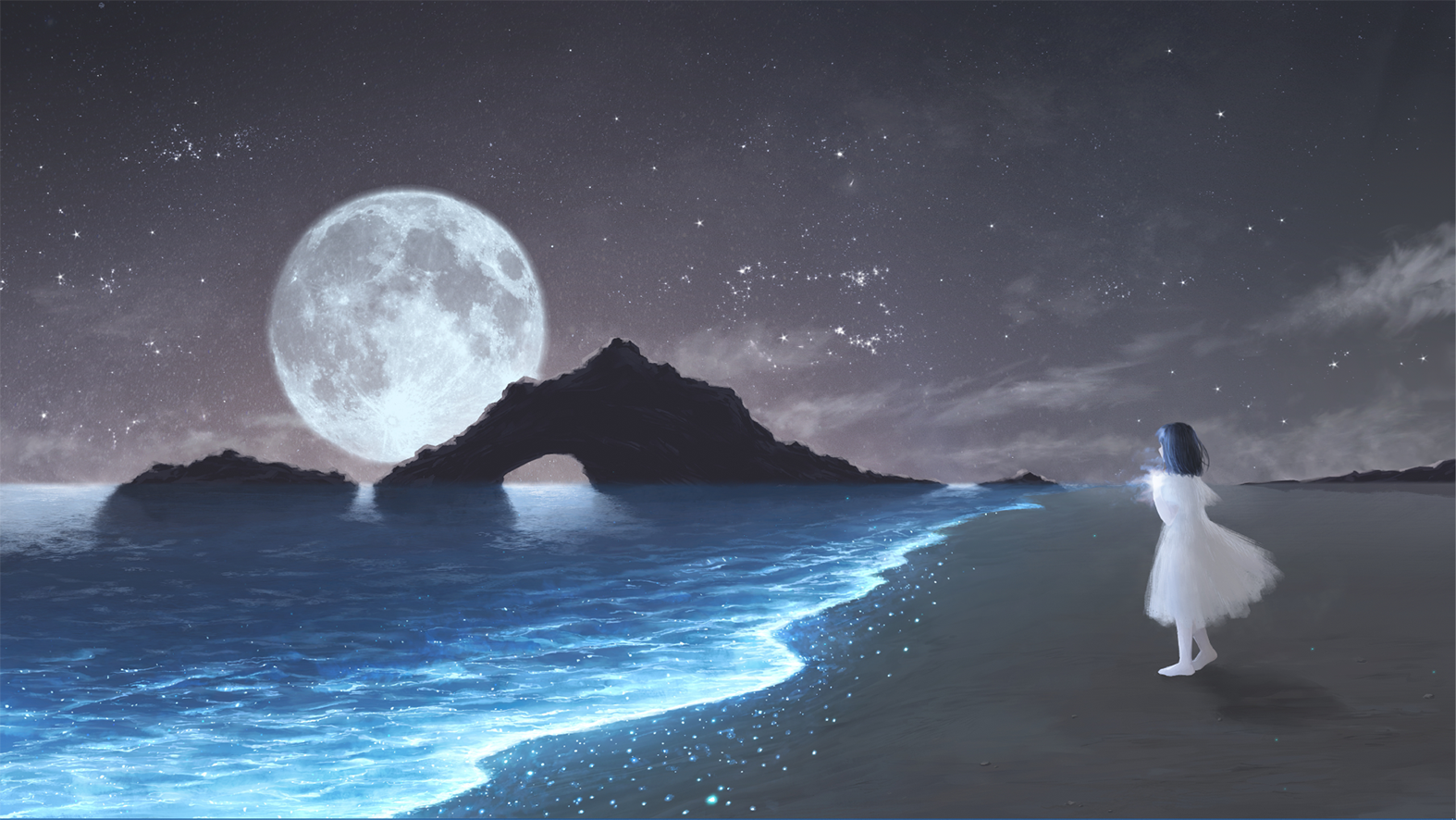 Moon stars sea and girl in 4K live wallpaper [DOWNLOAD FREE]