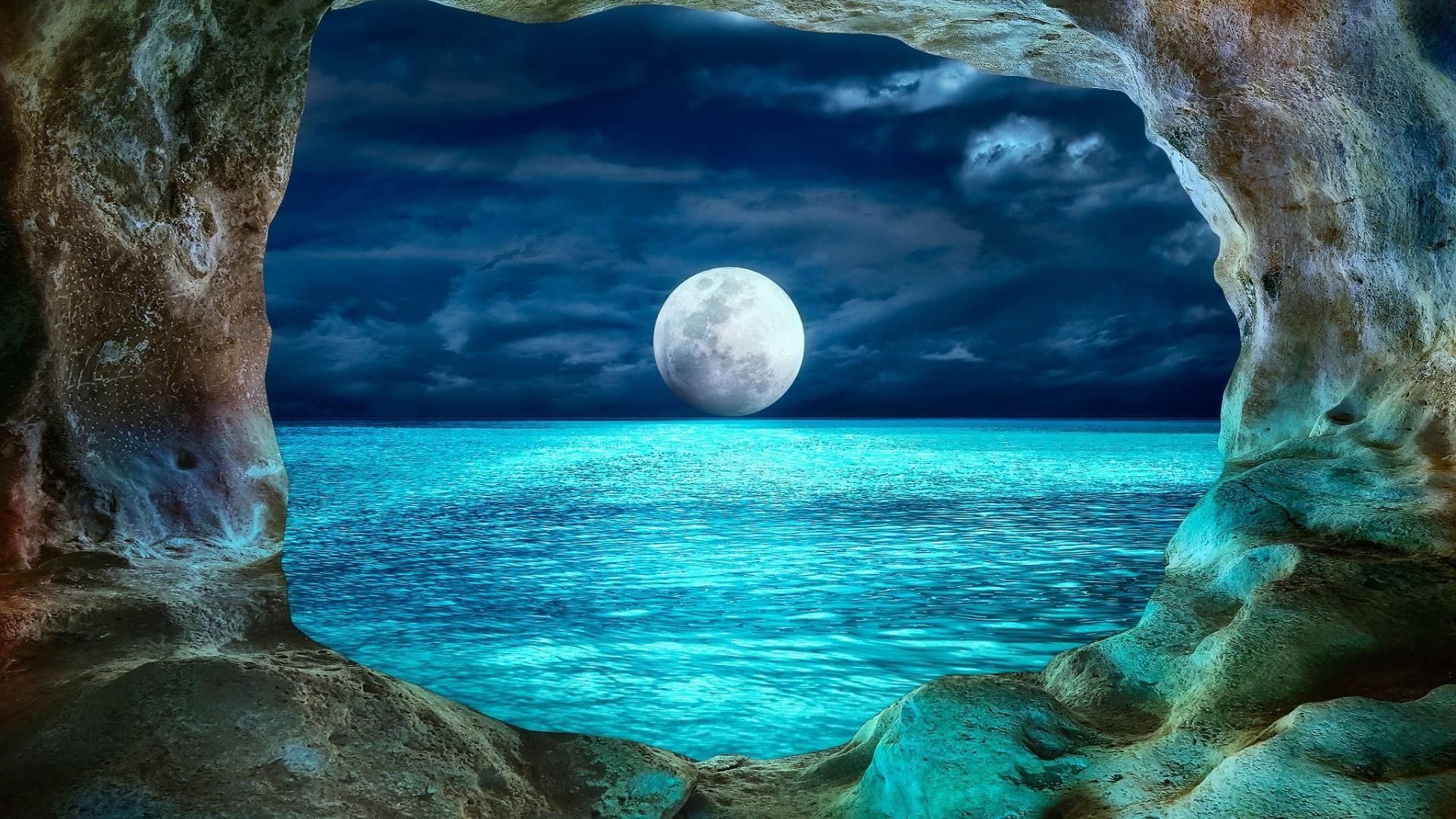 Wallpaper, landscape, night, cave, Moon, sea, moonlight 1920x1080