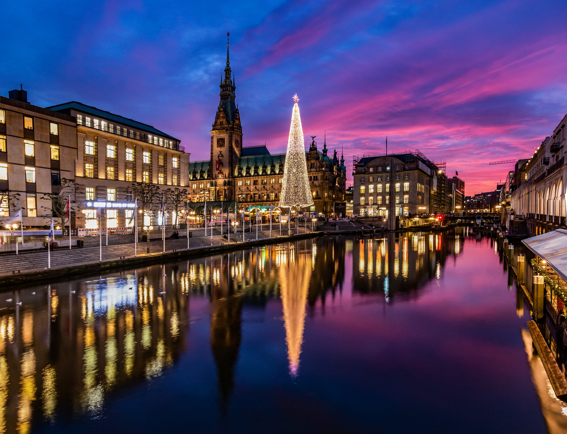 Germany, Reflection, Hamburg, City, River, Christmas Tree wallpaper