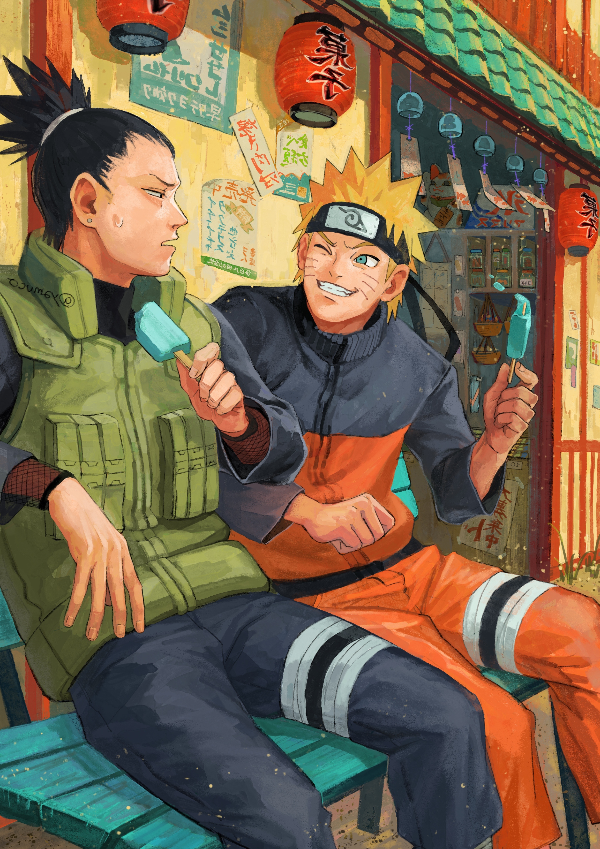 Wallpaper Nara Shikamaru, Naruto, Uzumaki Naruto, Friendship, Ice Cream, Konoha Village:2480x3508