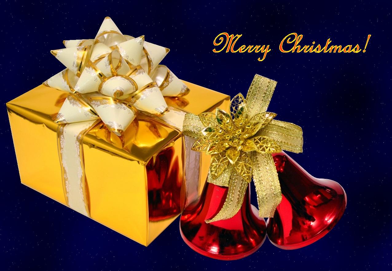 Golden gift box with Christmas bells
