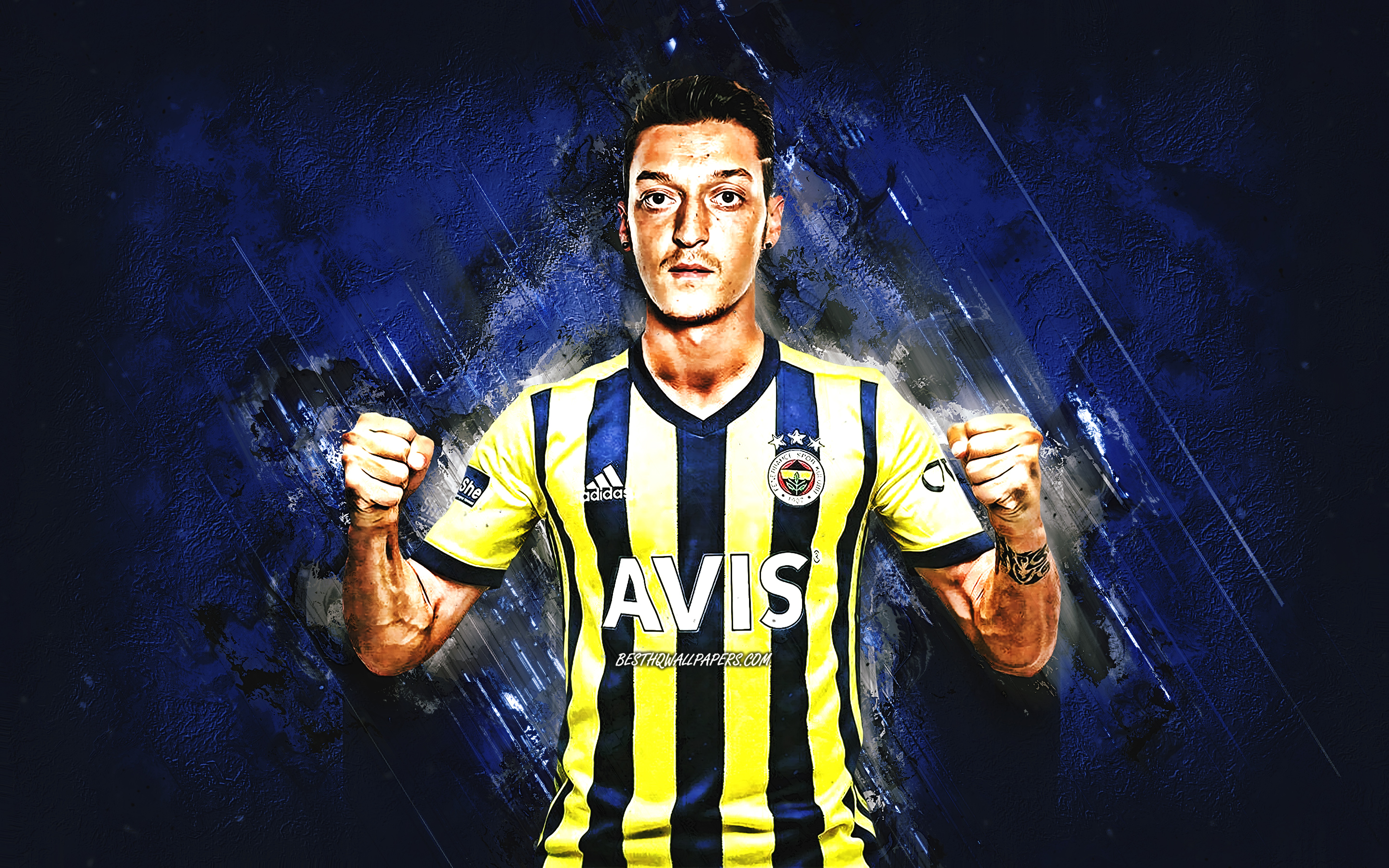 Download wallpaper Mesut Ozil, Fenerbahce, German footballer, portrait, blue stone background, soccer for desktop with resolution 2880x1800. High Quality HD picture wallpaper