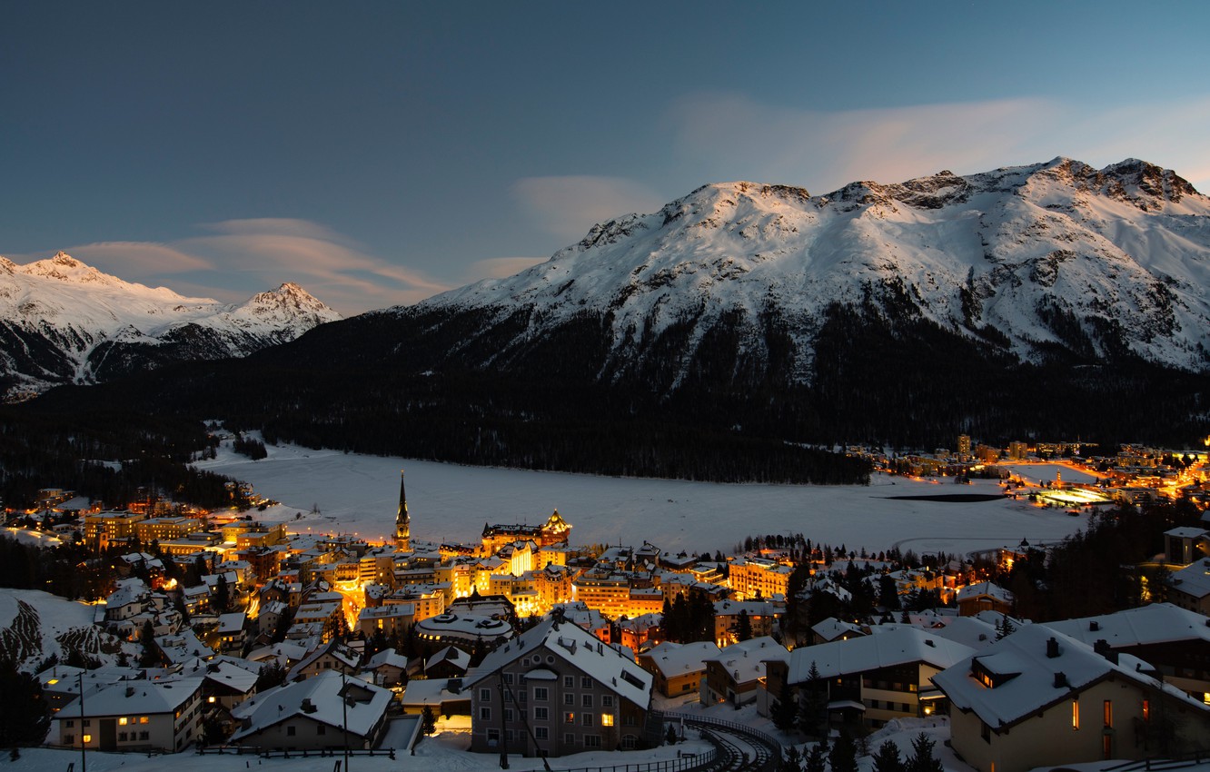 Wallpapers winter, the sky, light, snow, the city, lights, lake, mountain, home image for desktop, section природа