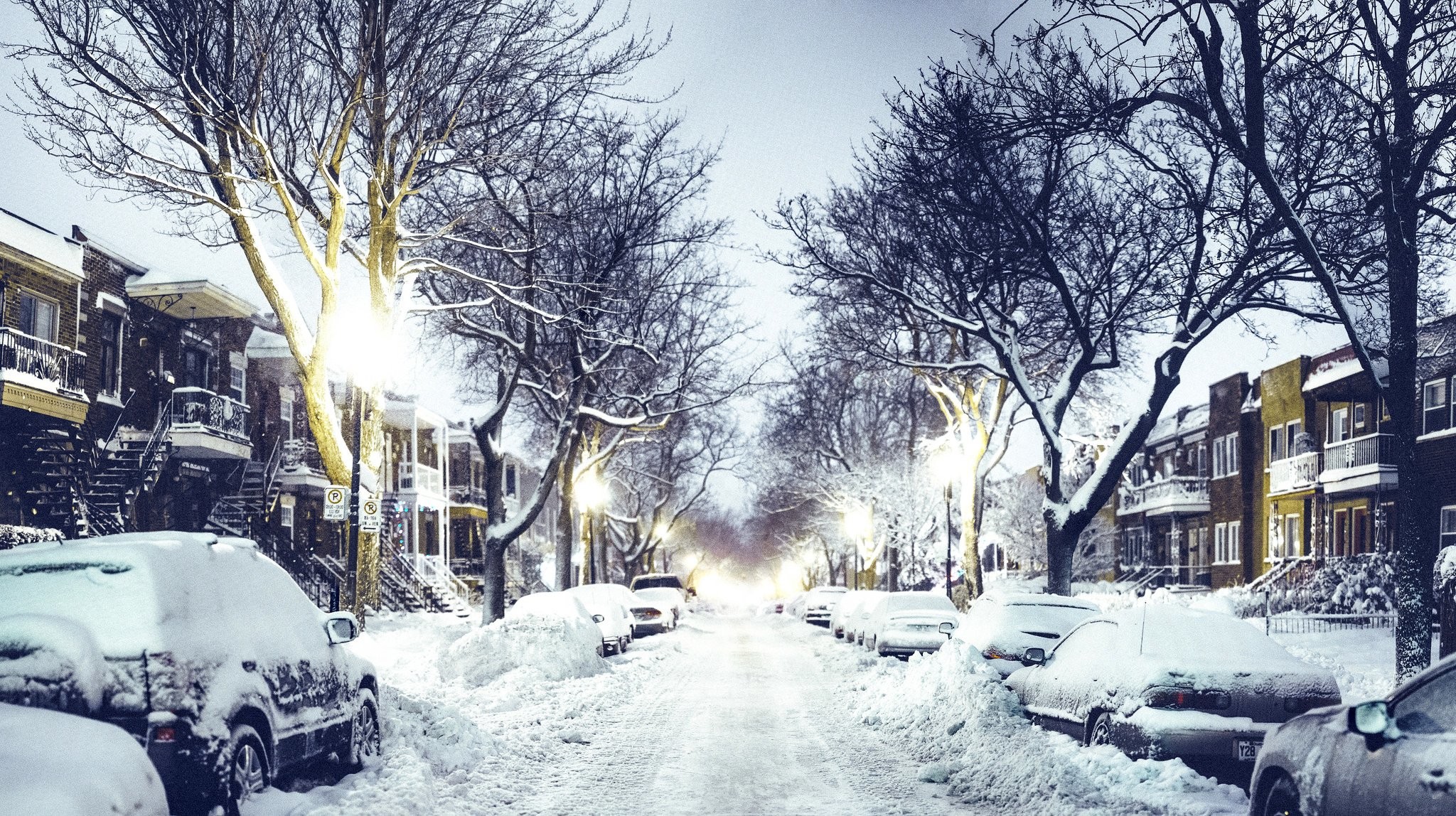 Street Night Road Cars Houses Lights Snow Winter City