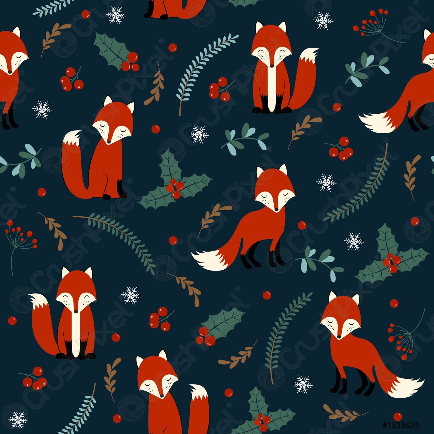 Christmas seamless pattern with fox background Winter pattern with holly
