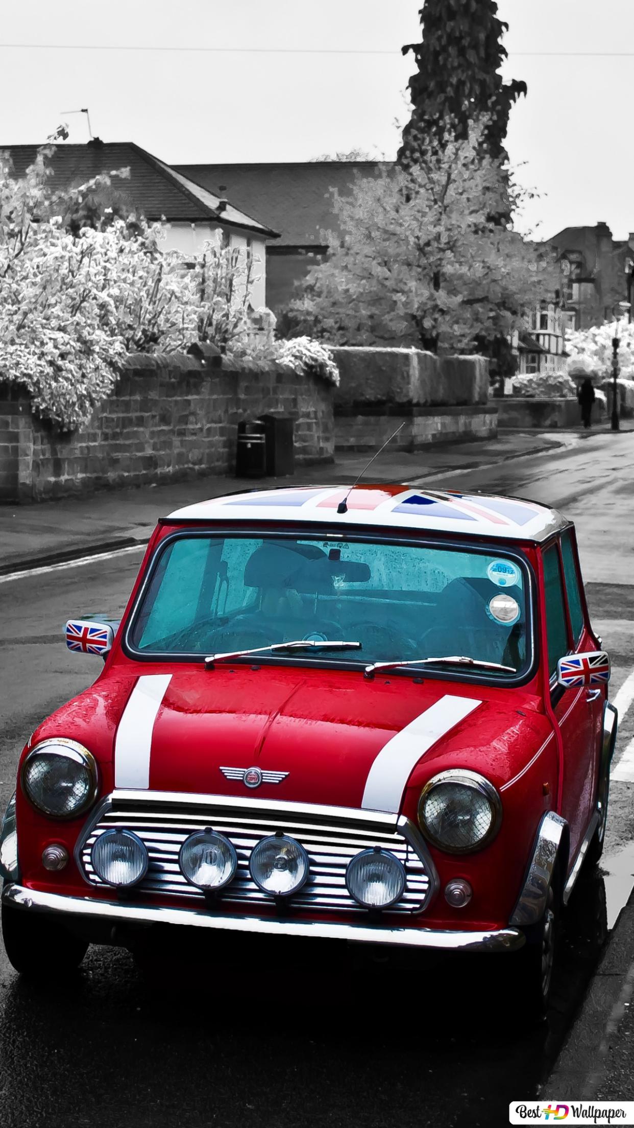 Red Mini Cooper park side of the road photography HD wallpapers download