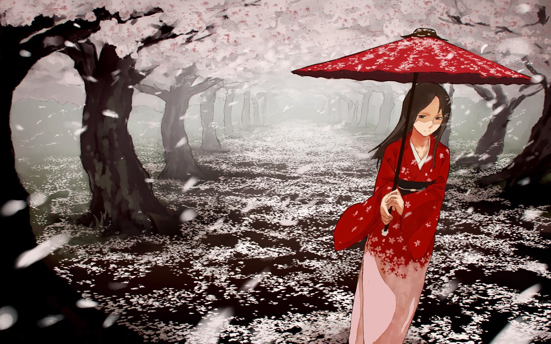 Wallpaper, anime girls, red, winter, dress, original characters, fashion, cherry blossom, kimono, spring, flower, beauty, season 1920x1200
