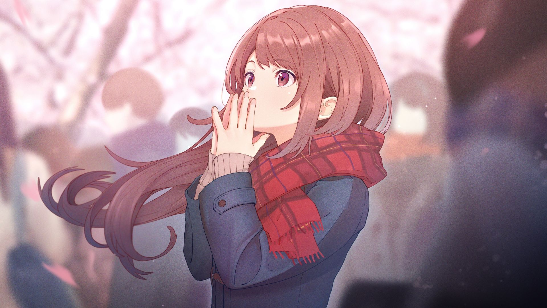 Desktop wallpaper cute, anime girl, pretty eyes, winter, red scarf, HD image, picture, background, 586af7