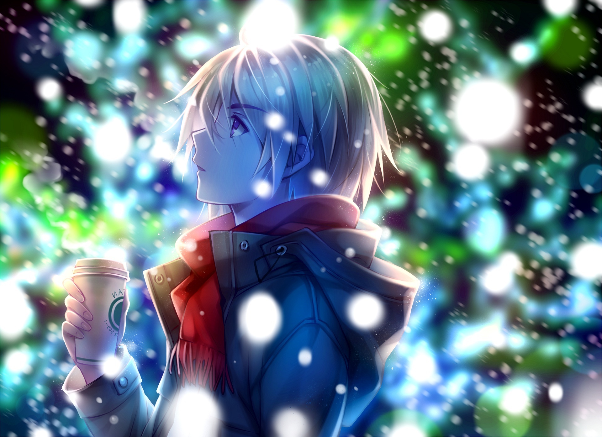 Wallpaper Snow, Winter, Coffee, Anime Boy, Profile View, Red Scarf:1920x1394