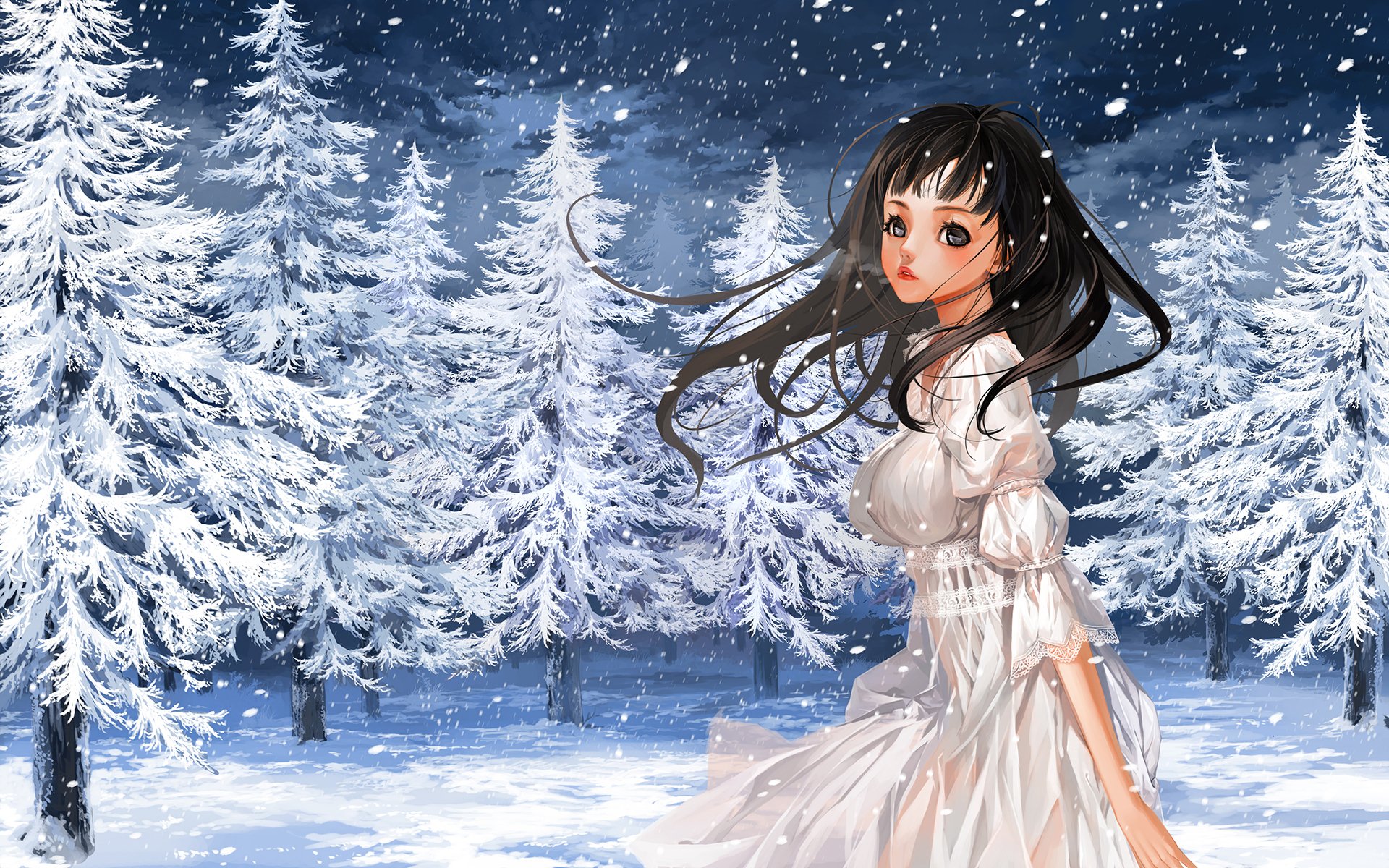 Anime Girl in Winter Forest HD Wallpaper