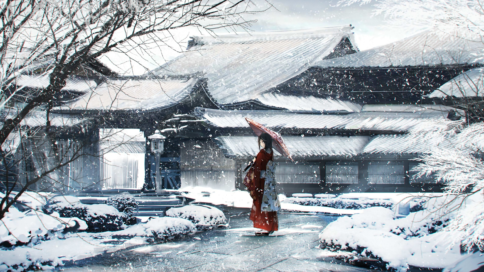 Desktop Wallpaper Winter, Anime Girl, Umbrella, Outdoor, HD Image, Picture, Background, C01435
