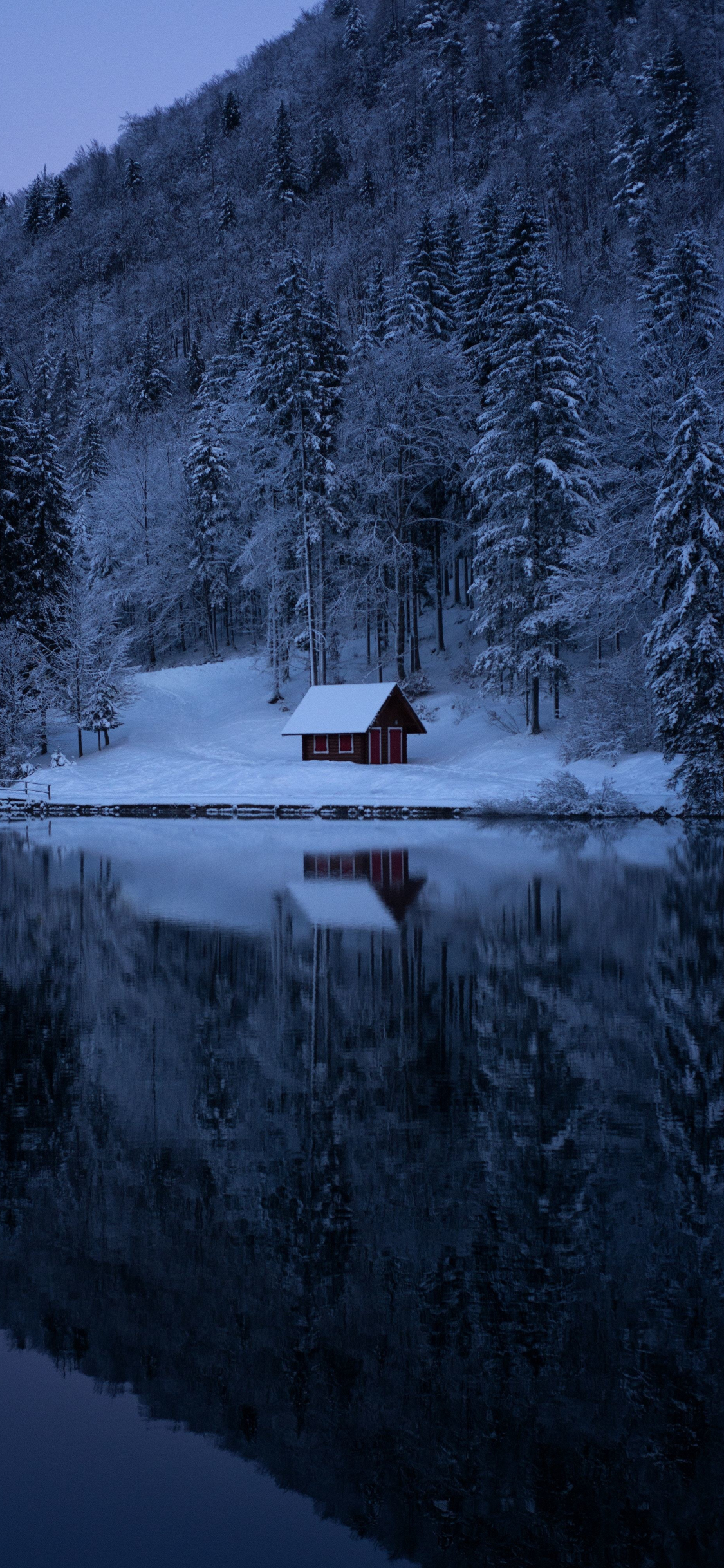 Download 1125x2436 wallpaper winter, lake, house, evening, nature, iphone x 1125x2436 HD image, background, 15021