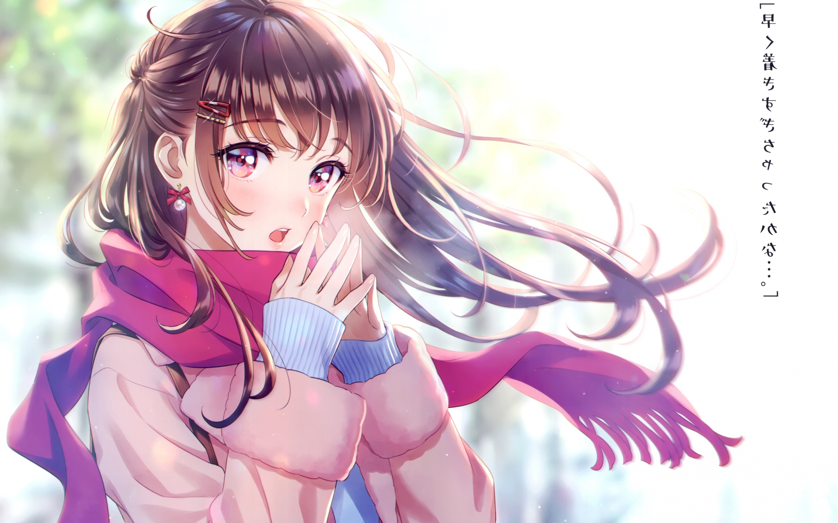 Wallpaper Red Scarf, Cold, Pretty Anime Girl, Brown Hair, Coat, Winter, Earring:3500x2492